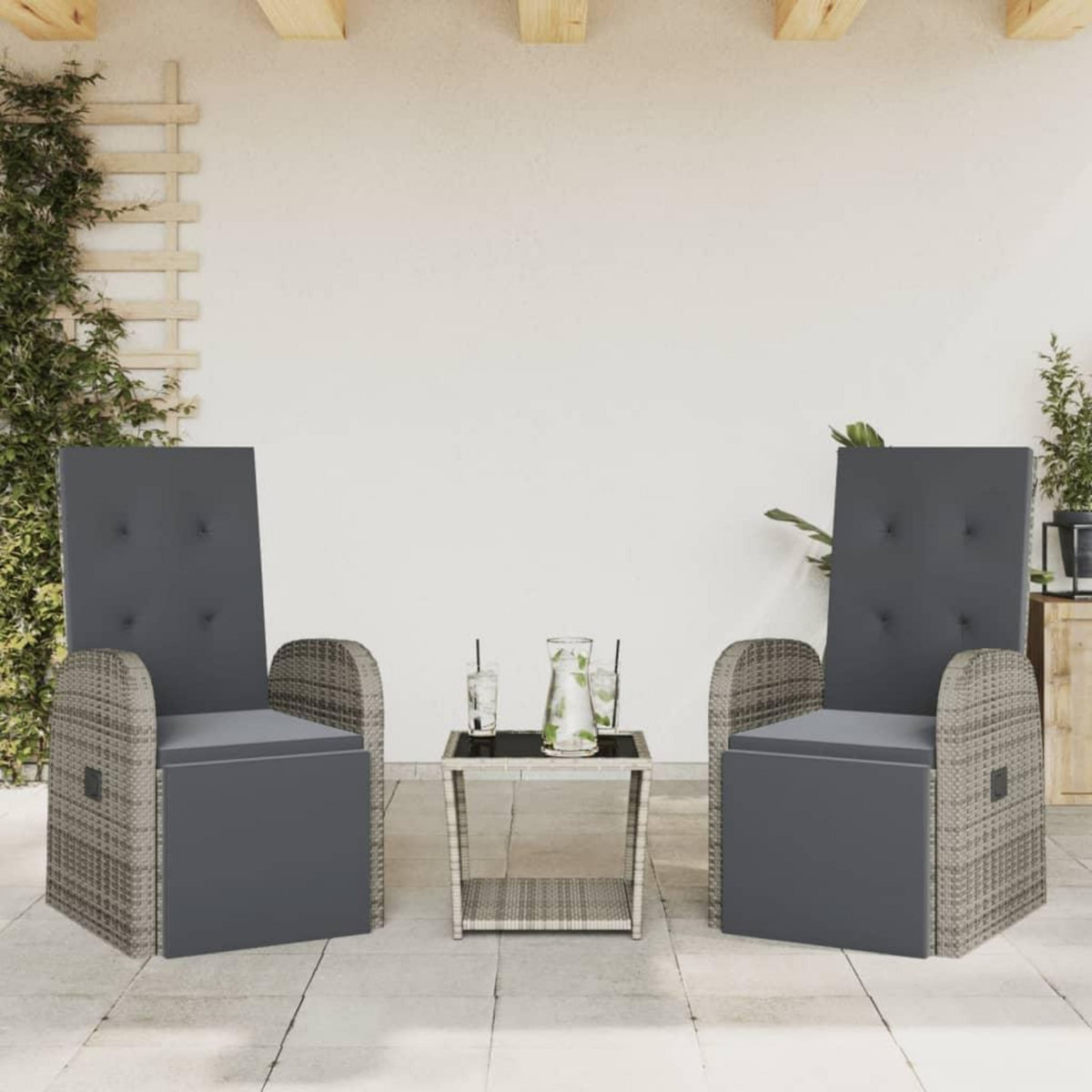 VIDAXL Ensemble a manger de jardin 3 pcs coussins gris resine tressee