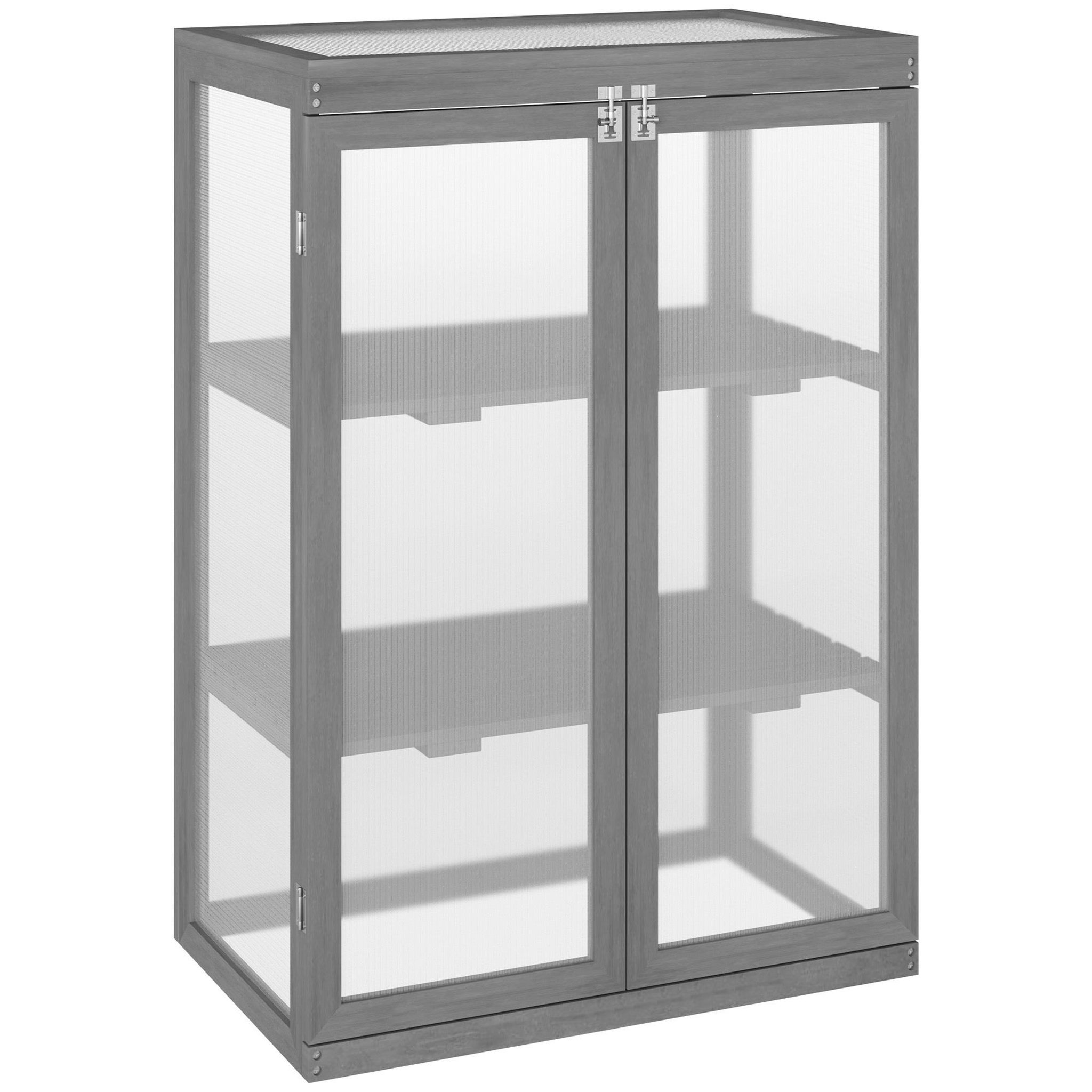 Voir la diapositive 1 : OUTSUNNY Mini serre de jardin 3 niveaux dim. 76L x 47l x 110H cm double porte toit ouvrant bois sapin lasuré gris polycarbonate