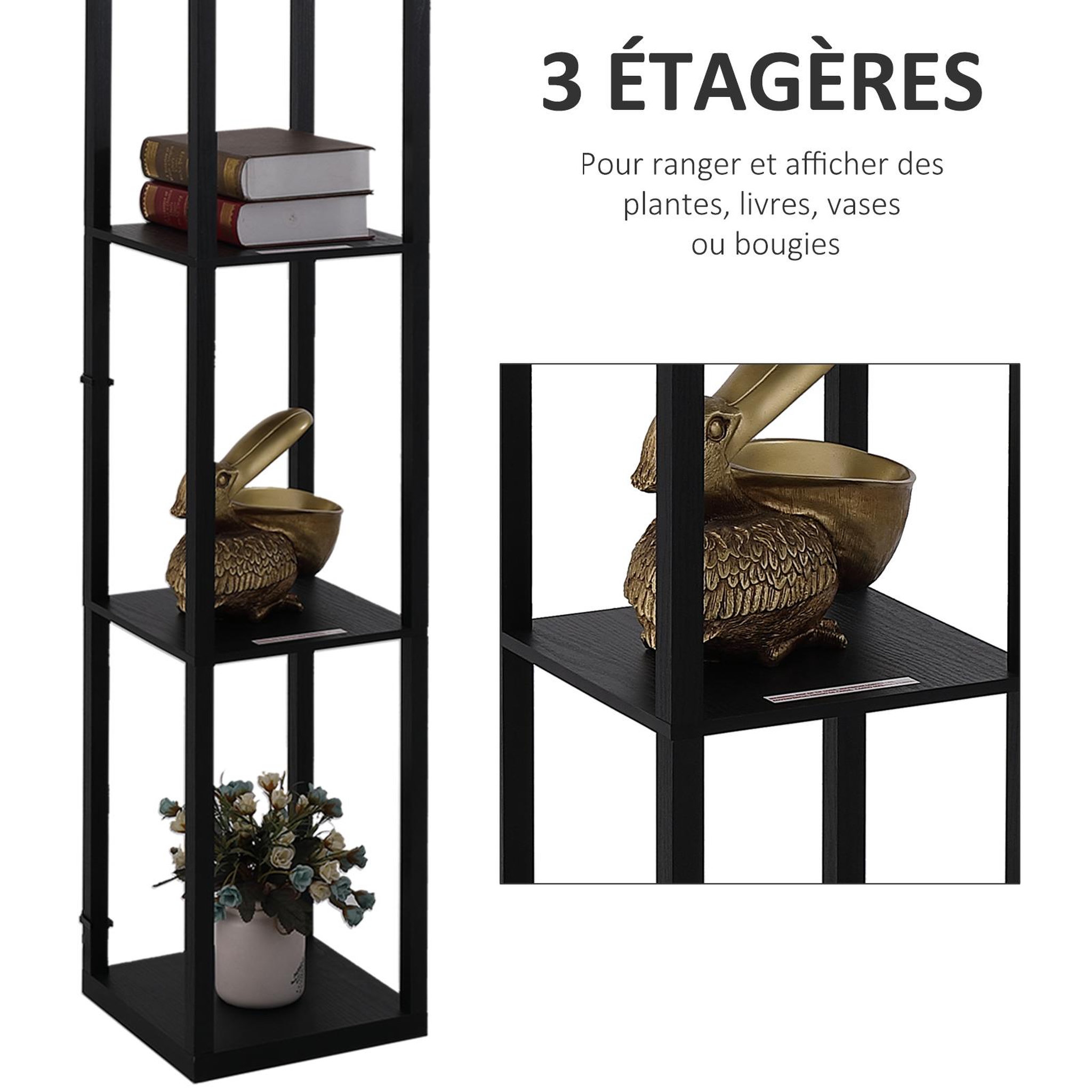 Voir la diapositive 6 : HOMCOM Lampadaire étagère lampe étagère 26l x 26l x 160h cm 3 étagères 4 niveaux mdf noir motif nid d'abeille