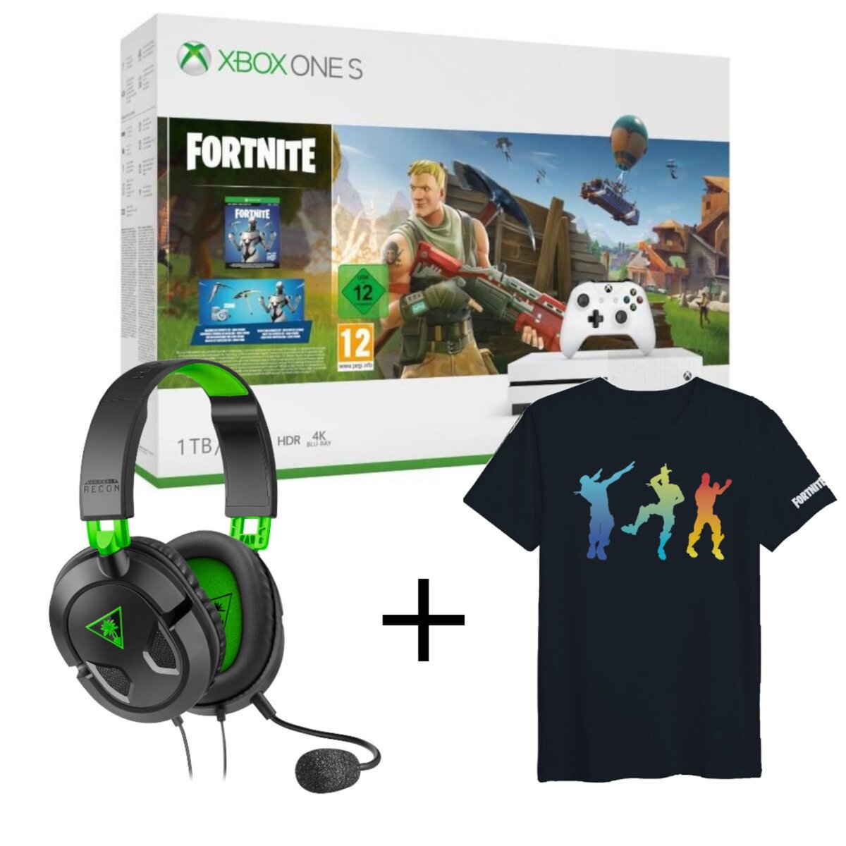 Console Xbox One S 1To Fortnite Blanche + Micro-Casque Turtle Beach Recon 50X + T-shirt Fortnite Exclusivité Auchan 3 Dances Taille Enfant 10ans