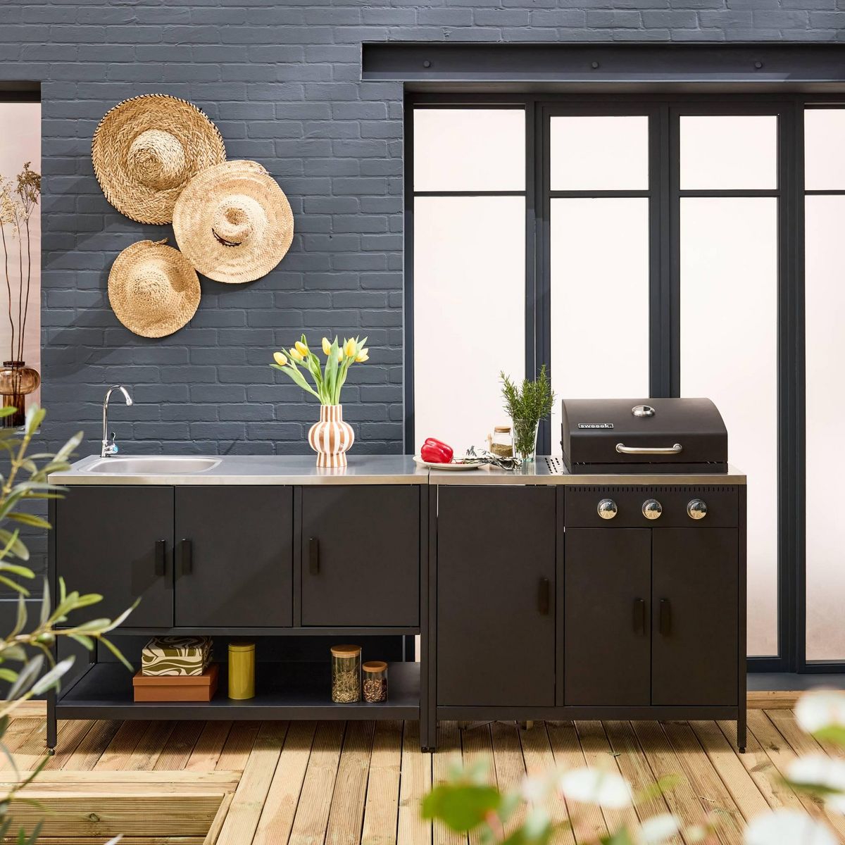 SWEEEK Cuisine extérieure Naxos 2 modules acier inoxydable barbecue gaz 3 brûleurs avec évier