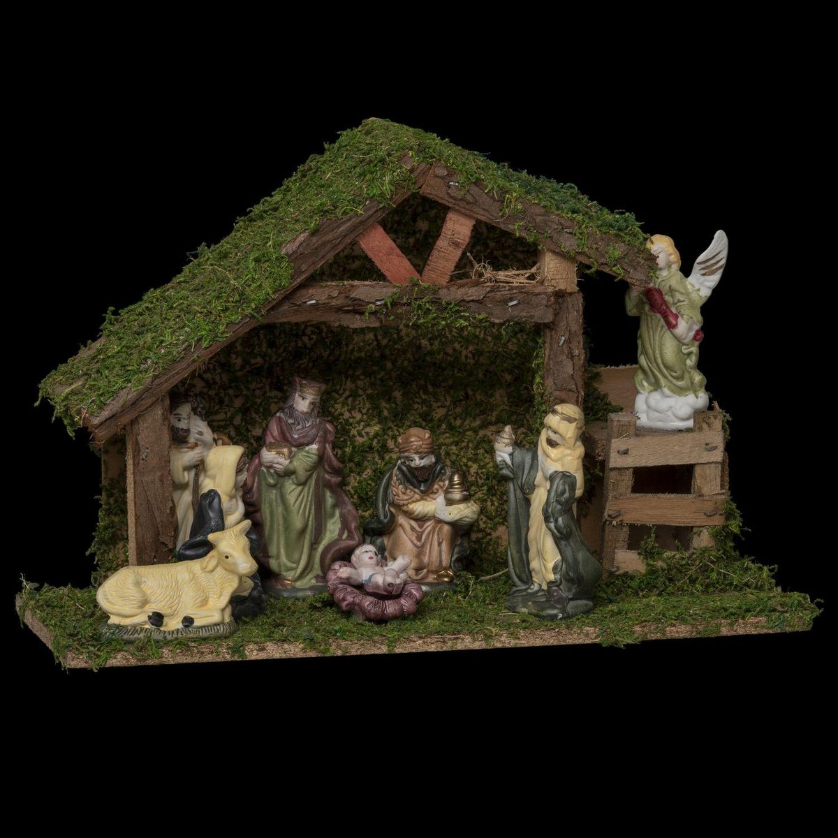 FEERIC LIGHT & CHRISTMAS Crèche de Noël en bois et ses 8 santons en porcelaine