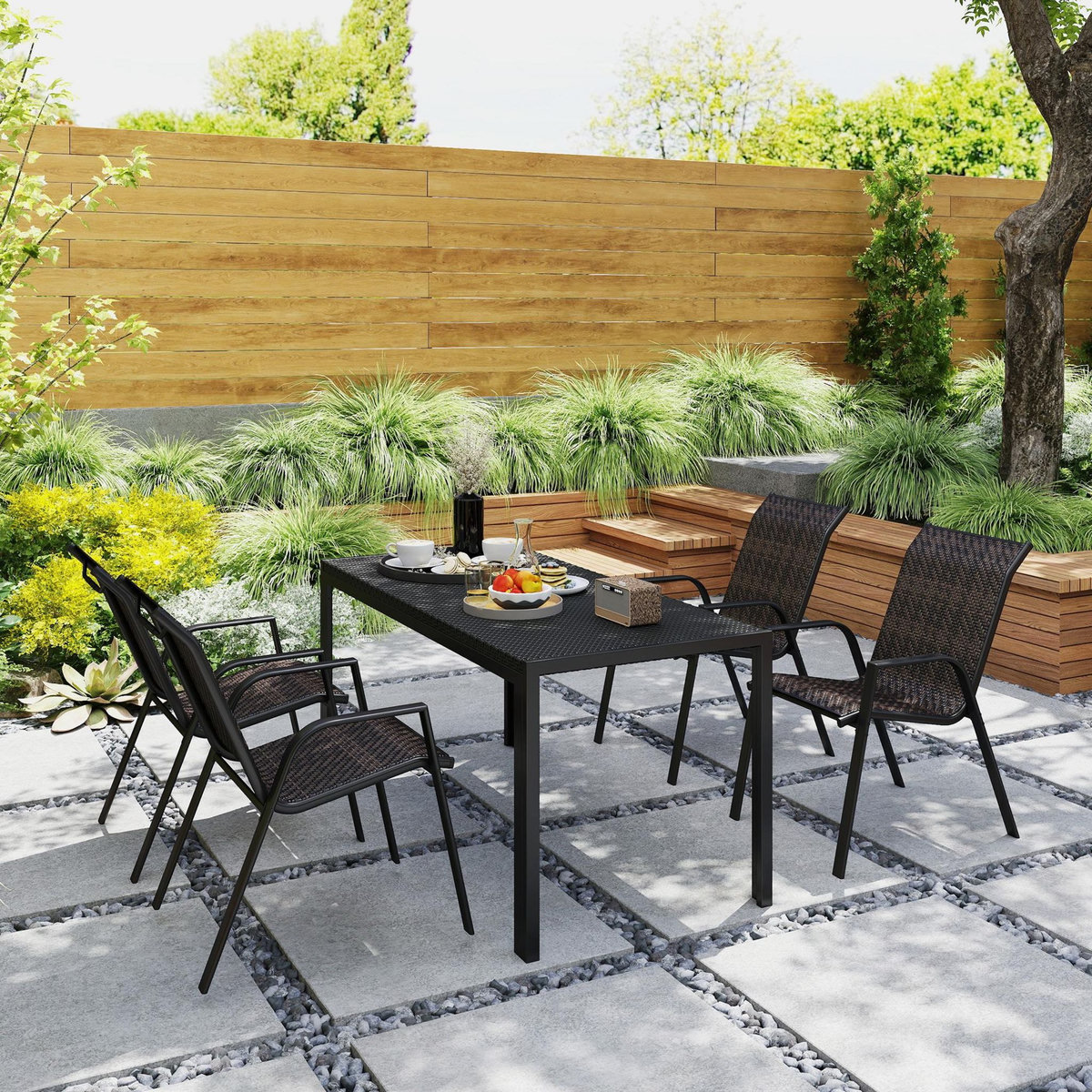 OUTSUNNY Lot de 4 chaises de jardin empilables - accoudoirs - design - acier époxy noir résine tressée marron