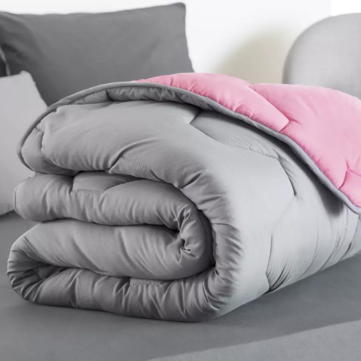 ID MARKET Couette 220x240 CM ABBY bicolore rose et gris 300 gr