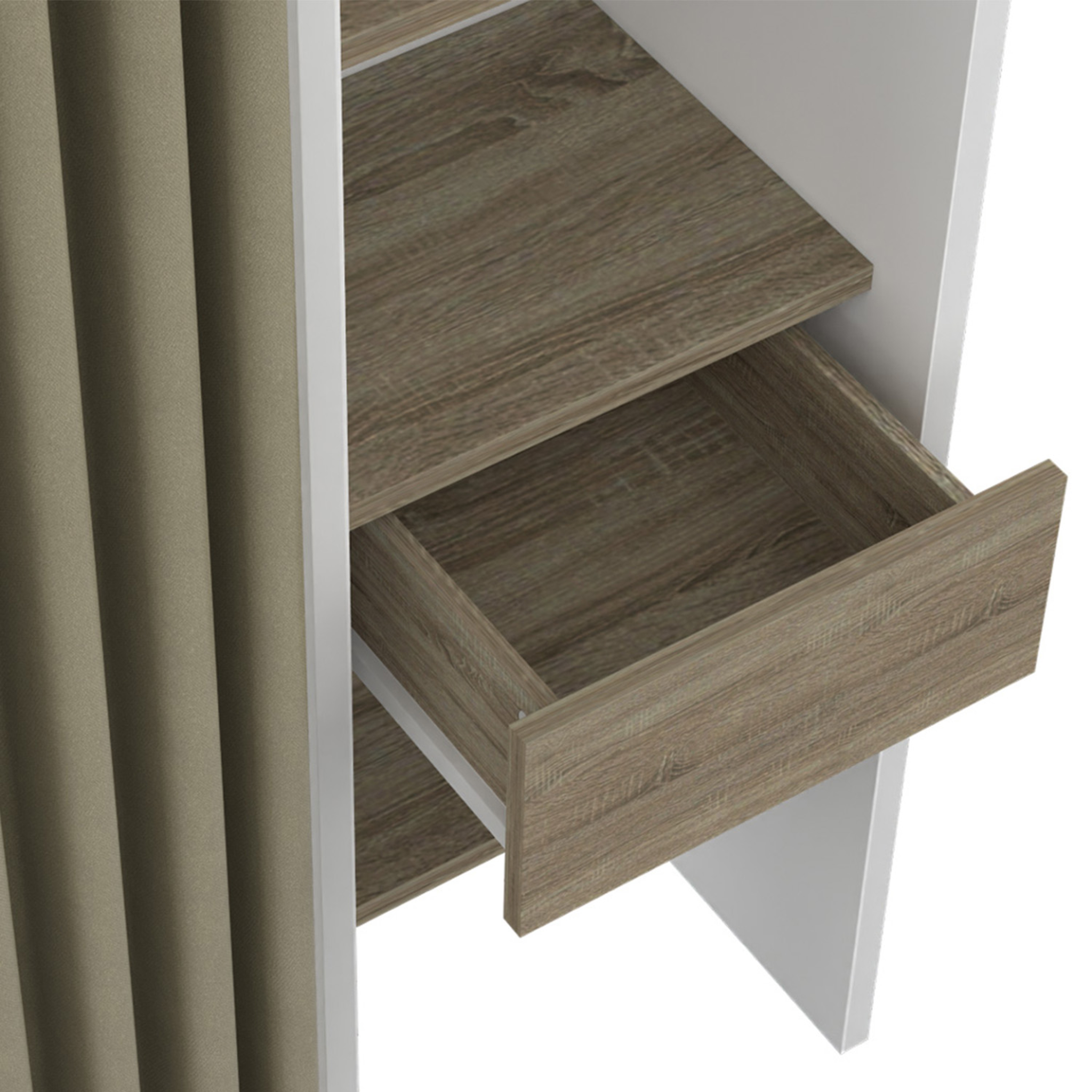 Voir la diapositive 5 : ID MARKET Dressing extensible double meryl 120/180 x 50 x 180 cm blanc avec étagères hêtre + double penderie + rideau taupe