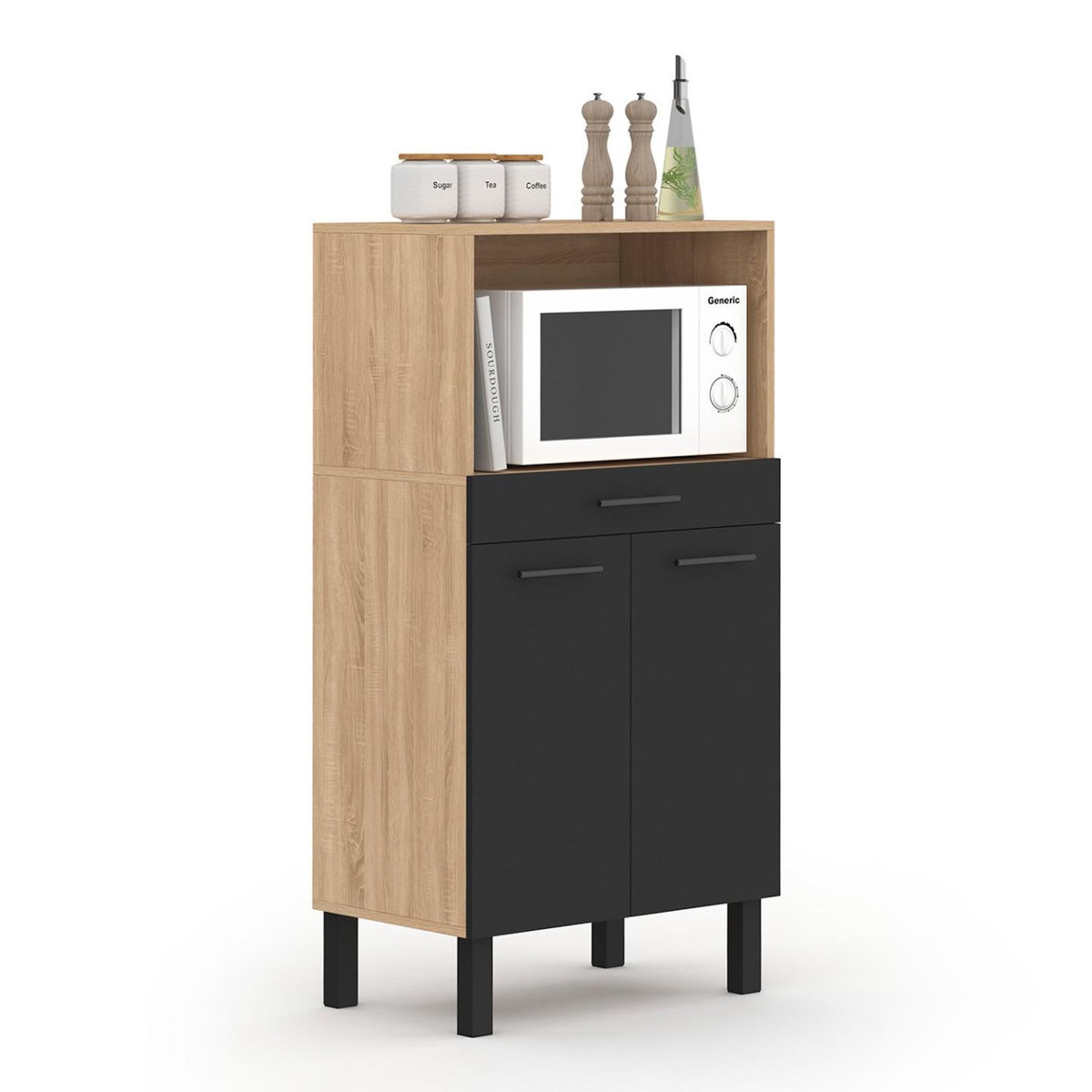 ID MARKET Buffet mi-haut de cuisine pour micro-onde 60 cm CINA 1 tiroir 2 portes façon hêtre et noir