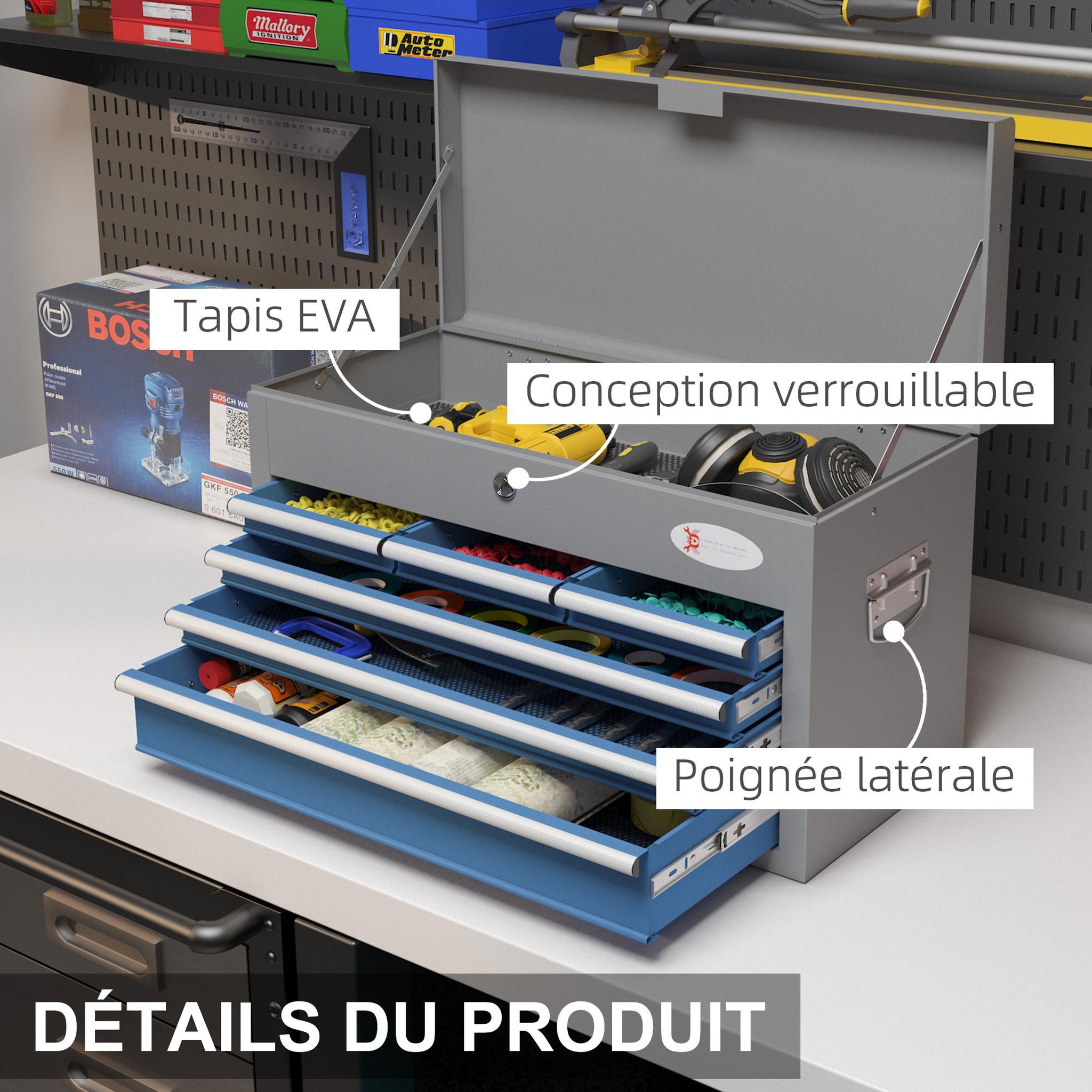 Voir la diapositive 5 : HOMCOM Boite à outils métallique caisse à outils - 6 tiroirs + plateau verrouillables - tapis eva poignées tôle acier gris bleu