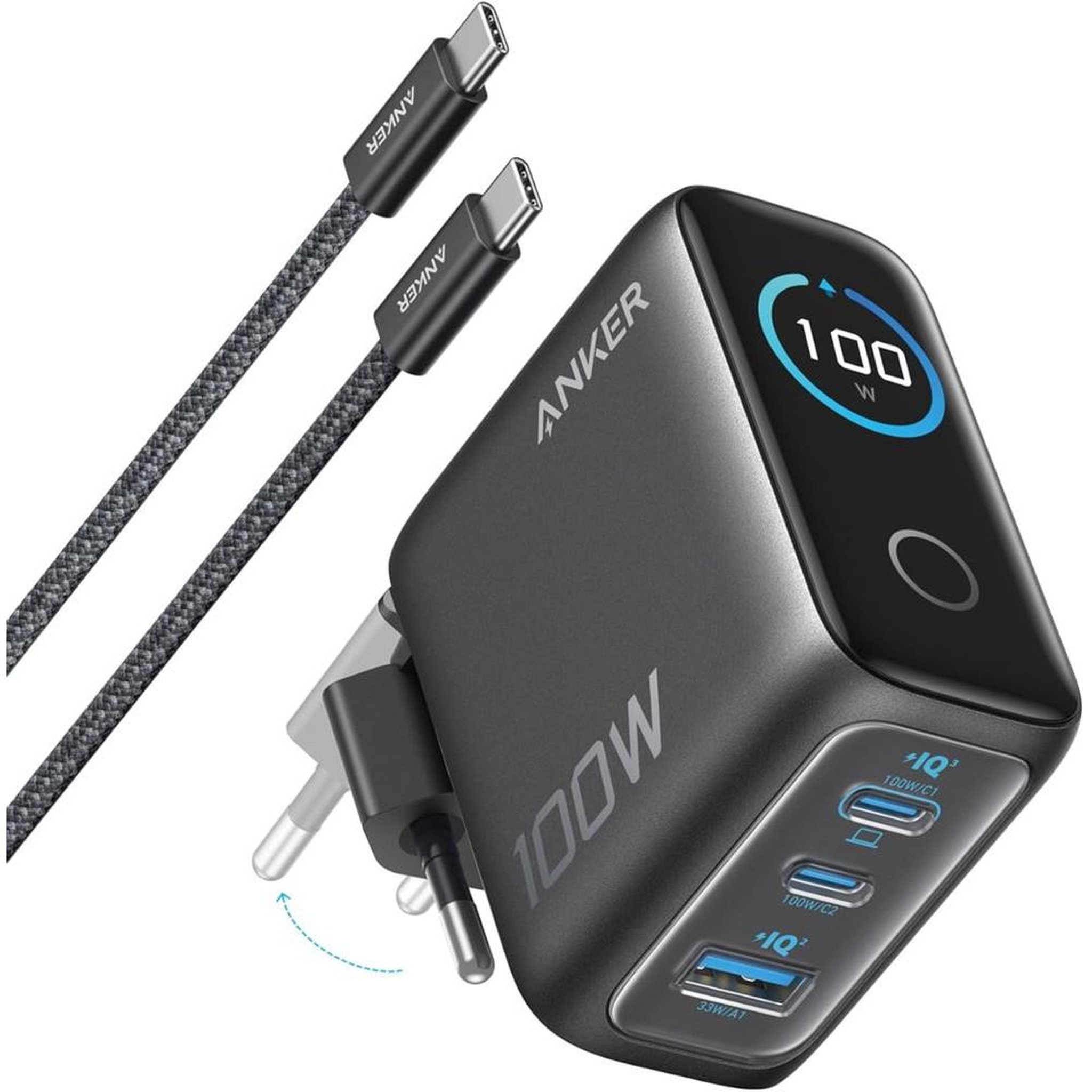 Anker Anker chargeur mural 100w max 1a2c usb type-c + usb-a, icônes de charge intelligentes et indicateur led 100w, gris foncé mat