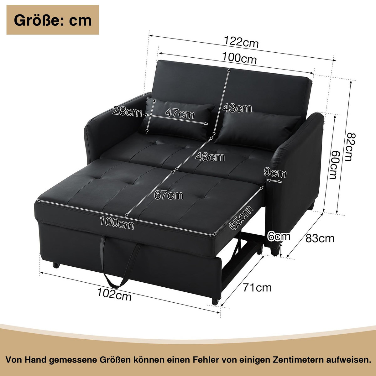MERAX Canapé droit convertible 2 places pu noir