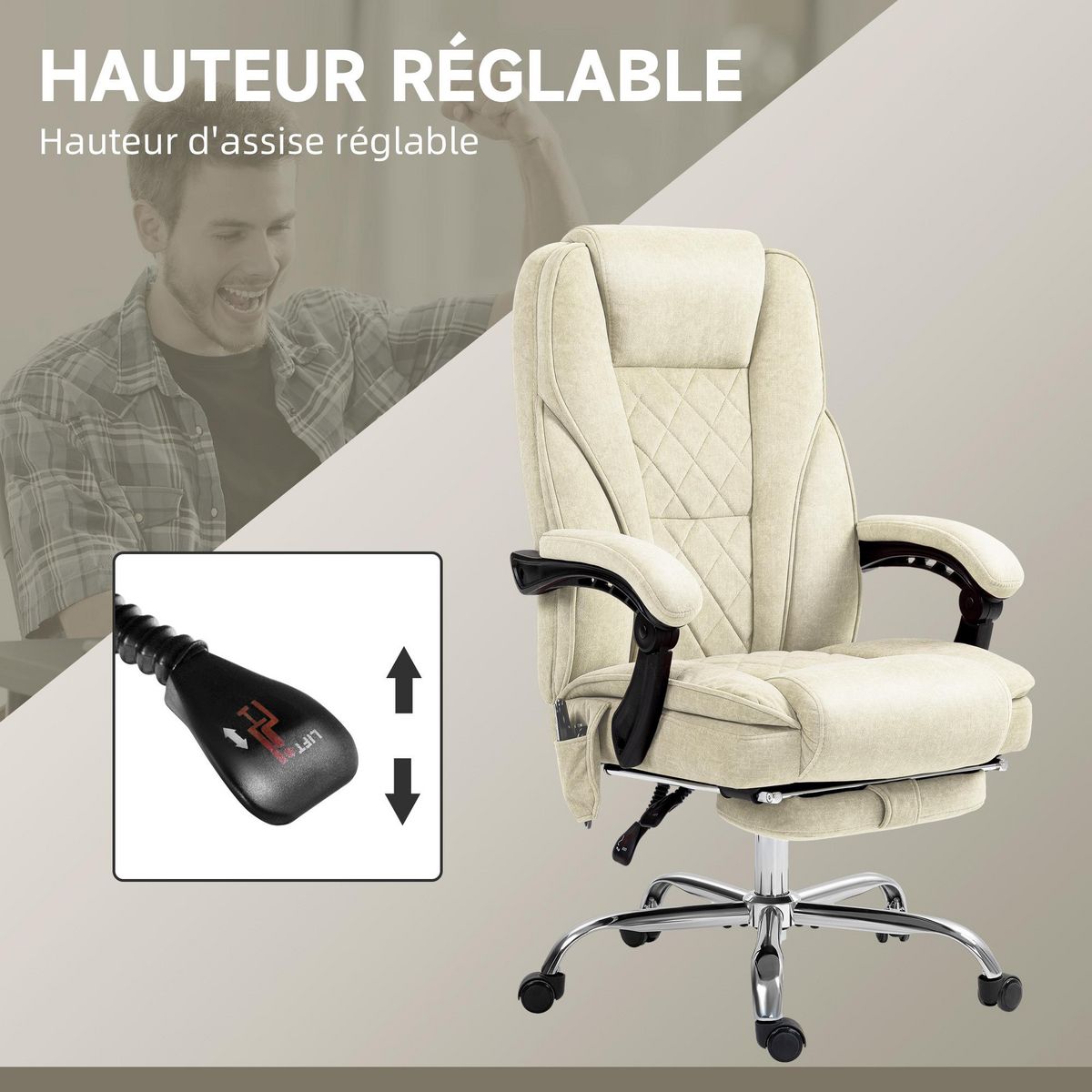 VINSETTO Fauteuil de bureau manager massant chauffant inclinable réglable télécommande repose-pieds rétractable velours beige sable