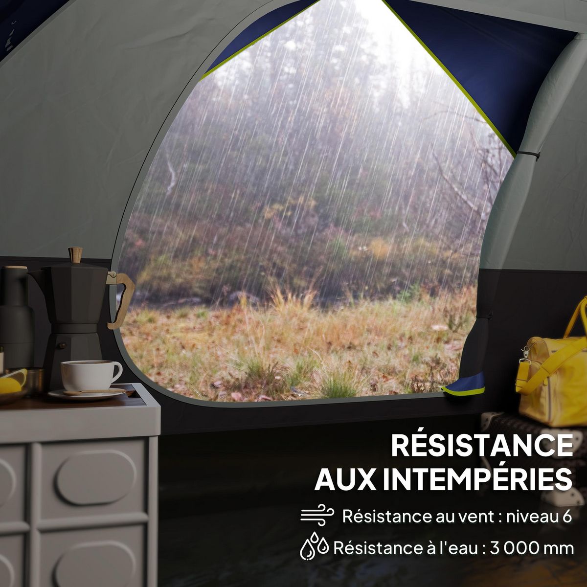 OUTSUNNY Tente de camping 2-4 personnes - fenêtre, 2 poches, port d'alimentation, sac de transport - bleu foncé