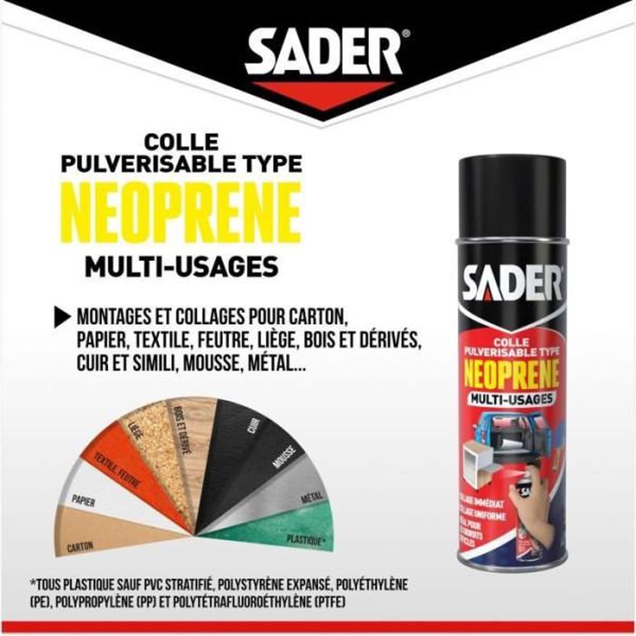 Voir la diapositive 2 : Sader Colle aérosol néoprene multi-usages - SADER - Extra forte - Tous matériaux - Prise immédiate - Bombe 500 ml