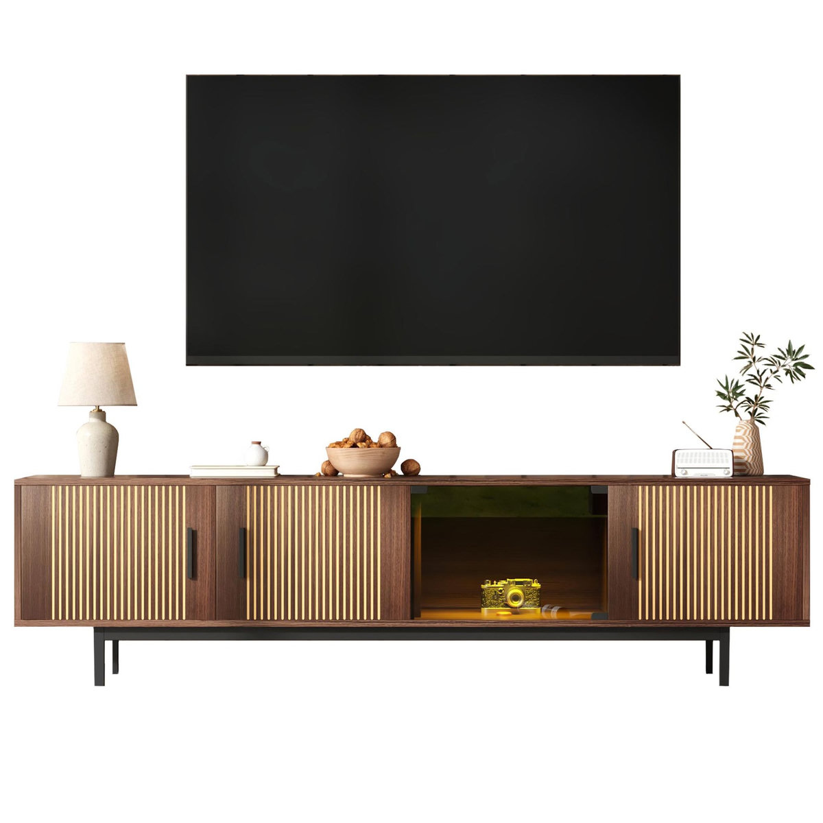 MERAX Meuble tv naturel 200 cm led mdf