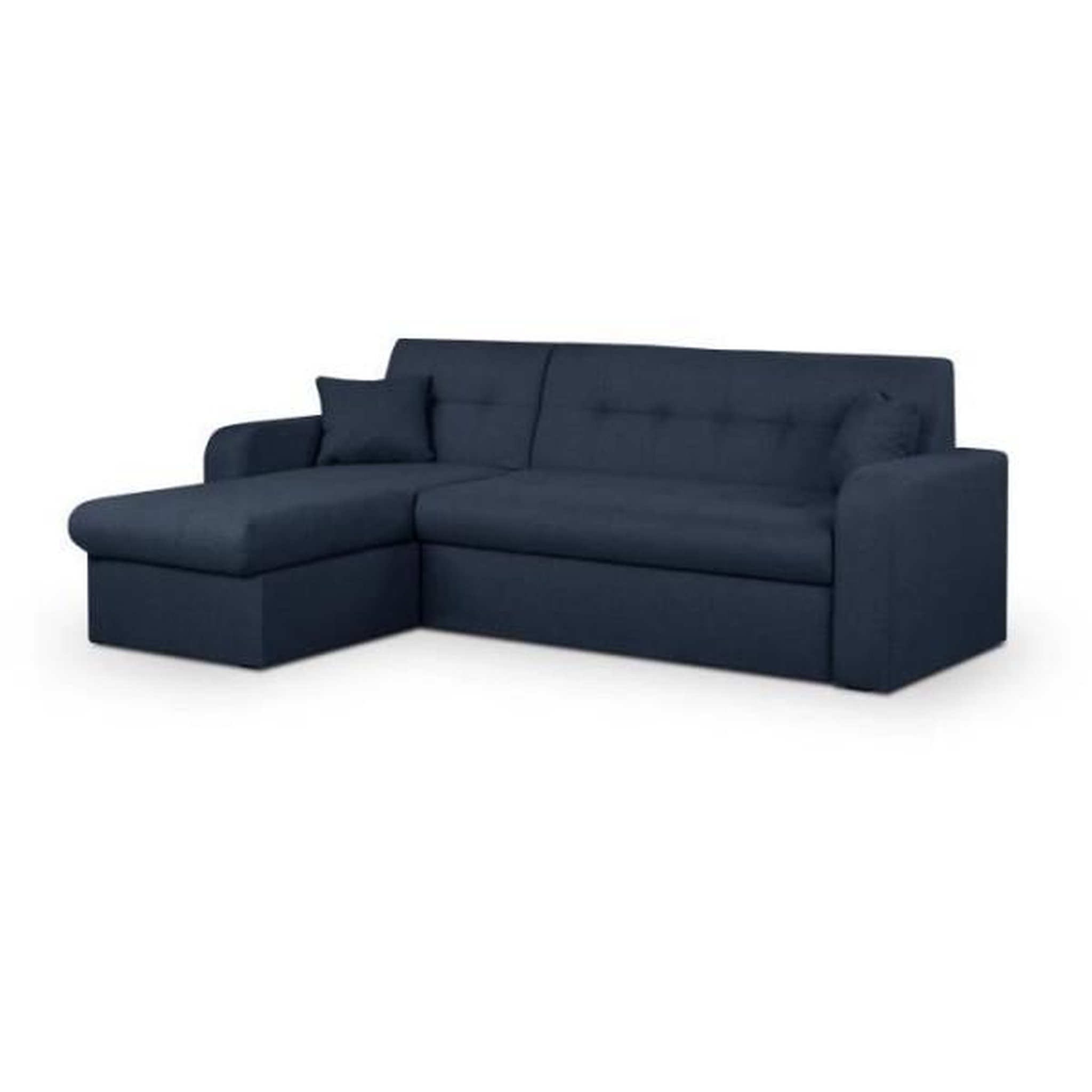 Voir la diapositive 3 : MARKET24 Canapé d'angle convertible et réversible 3 places ROMAN - Tissu bleu foncé - Coffre de rangement - L235 x H81 x P 85/153 cm