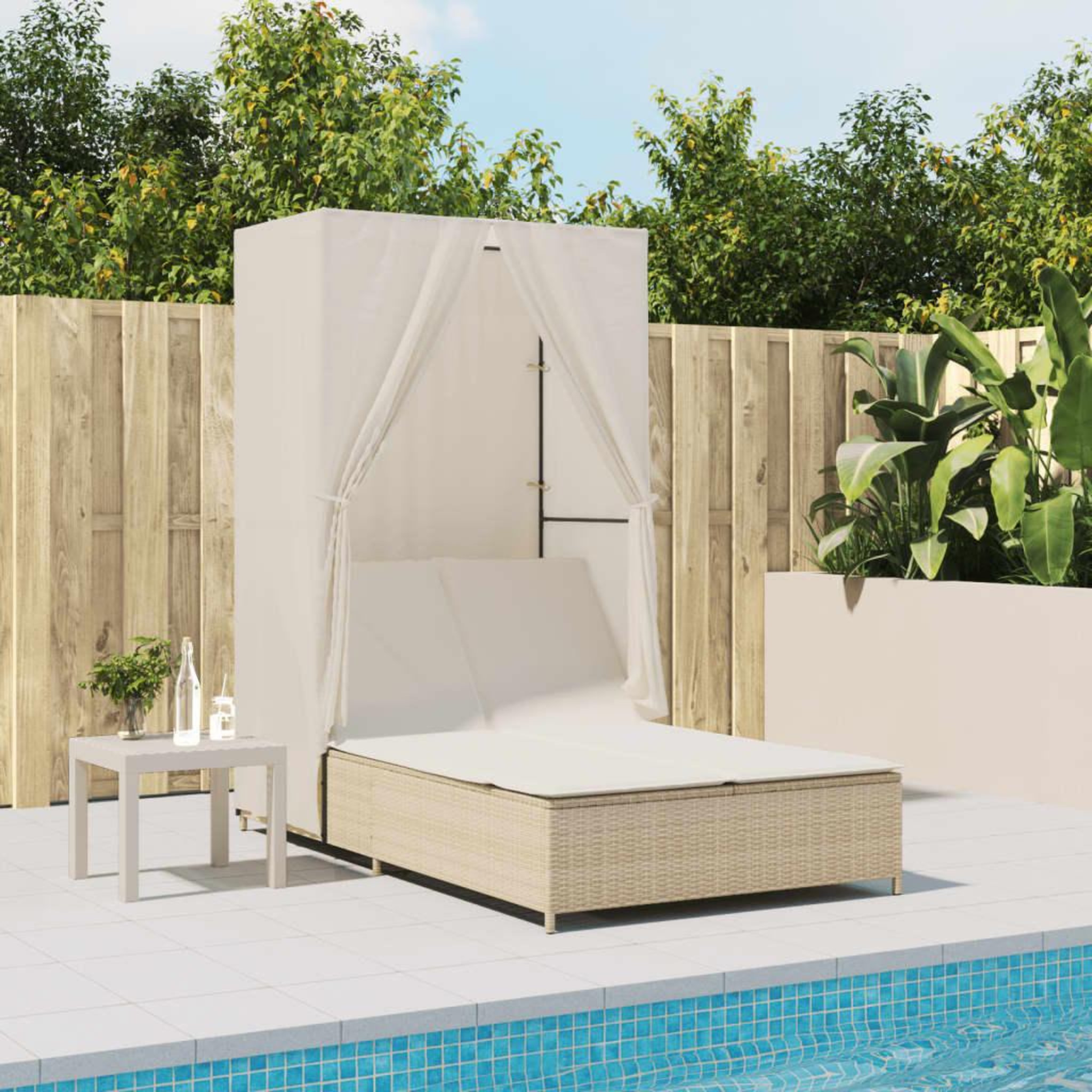 VIDAXL Chaise longue double avec toit et rideaux beige resine tressee