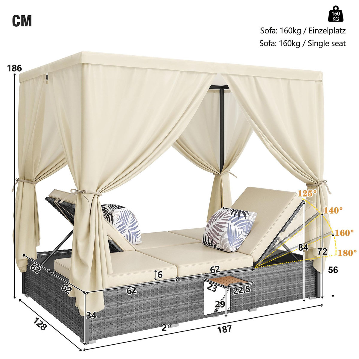 MERAX Bain de soleil en Métal avec auvent, table pliante, pliable, coussins, crème