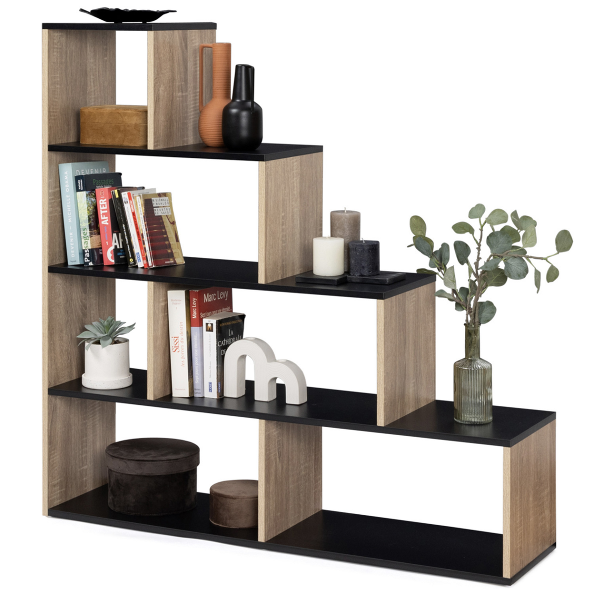 ID MARKET Bibliothèque escalier LINA bois façon hêtre et noir