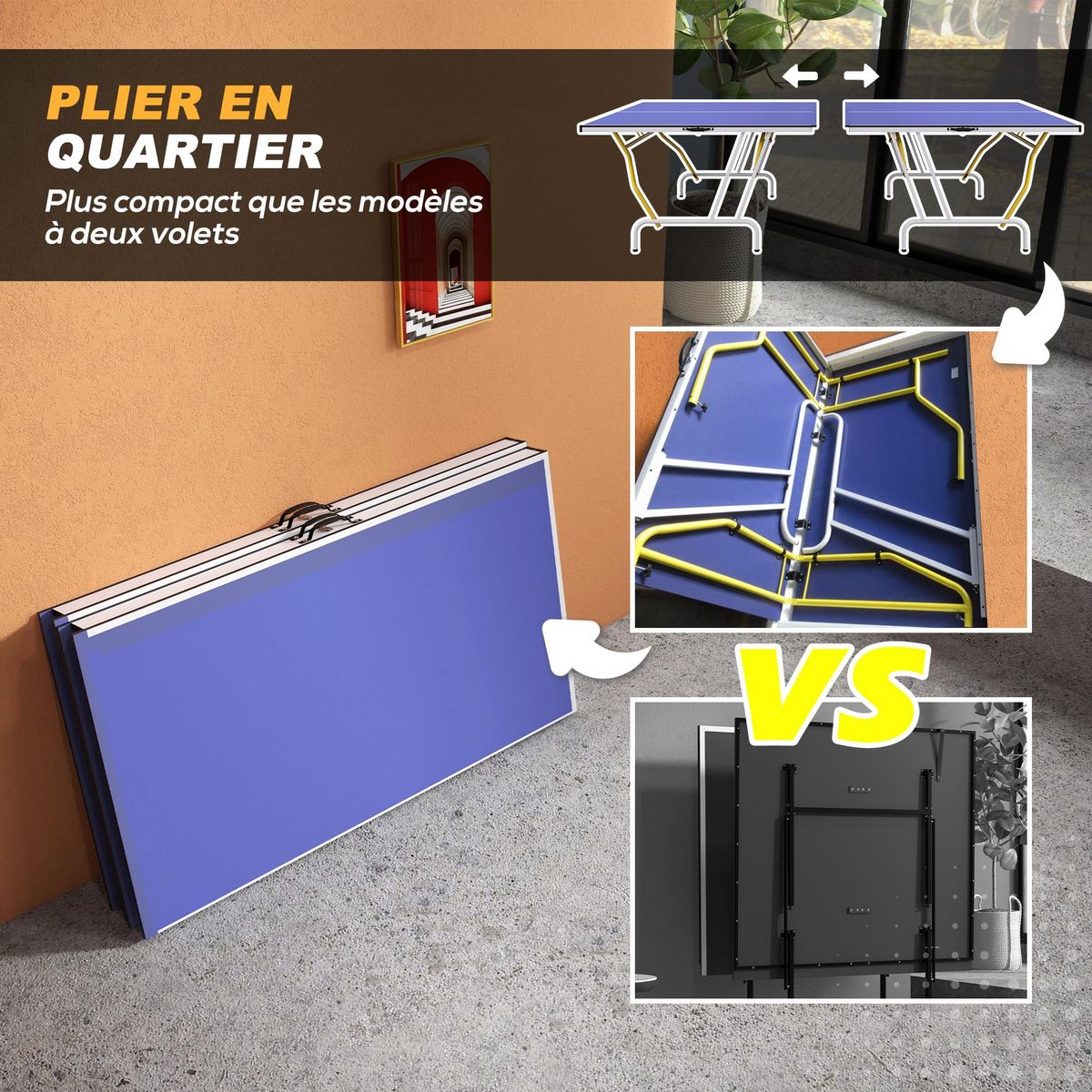 HOMCOM Table de ping pong pliable en 4 - dim. 274 x 152,5 x 76 cm - filet, 2 raquettes, 3 balles inclus - jaune blanc bleu