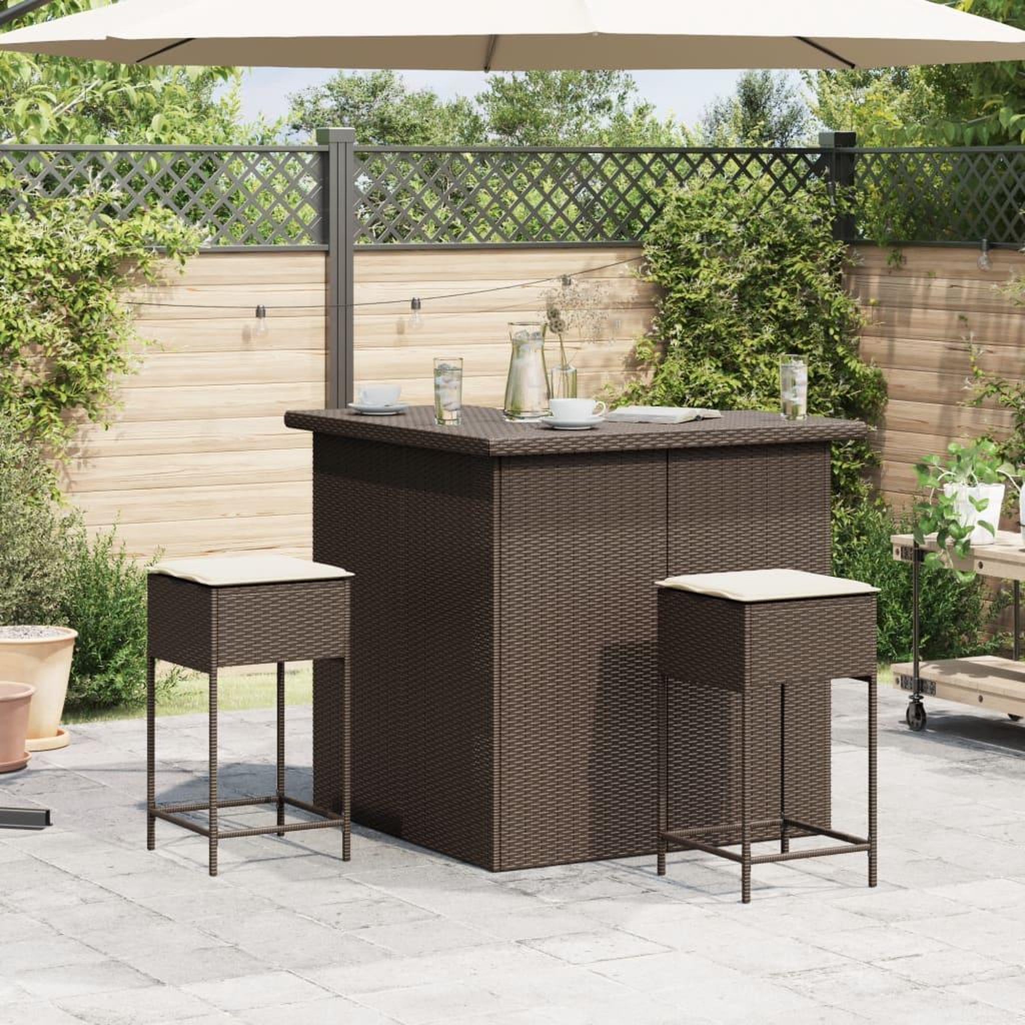 Voir la diapositive 3 : VIDAXL Ensemble de bar de jardin 3 pcs et coussins brun resine tressee