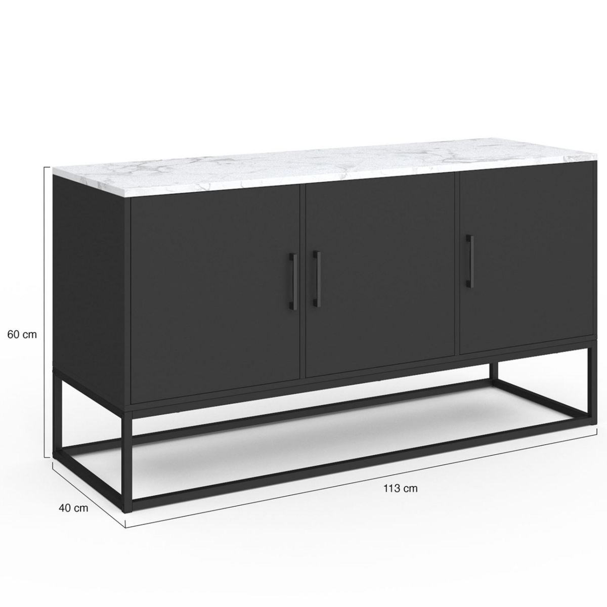 ID MARKET Buffet bas 113 cm ALASKA 3 portes noir plateau effet marbre blanc