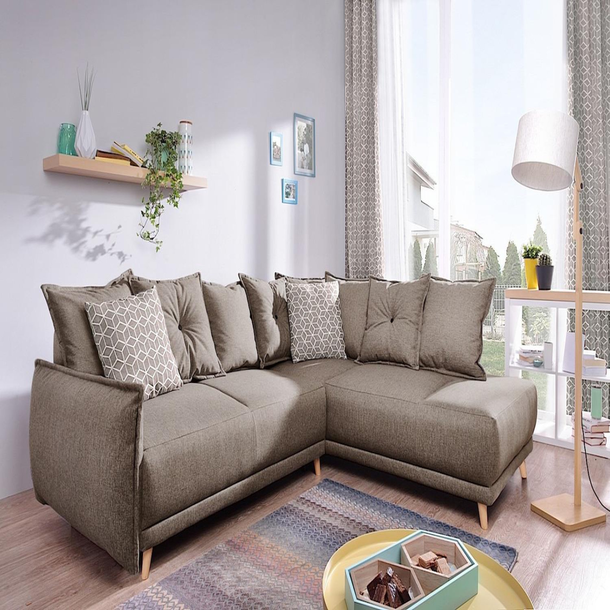 Voir la diapositive 4 : BEST MOBILIER Lena - canapé d'angle droit convertible- 5 places - latte - style scandinave - café latte