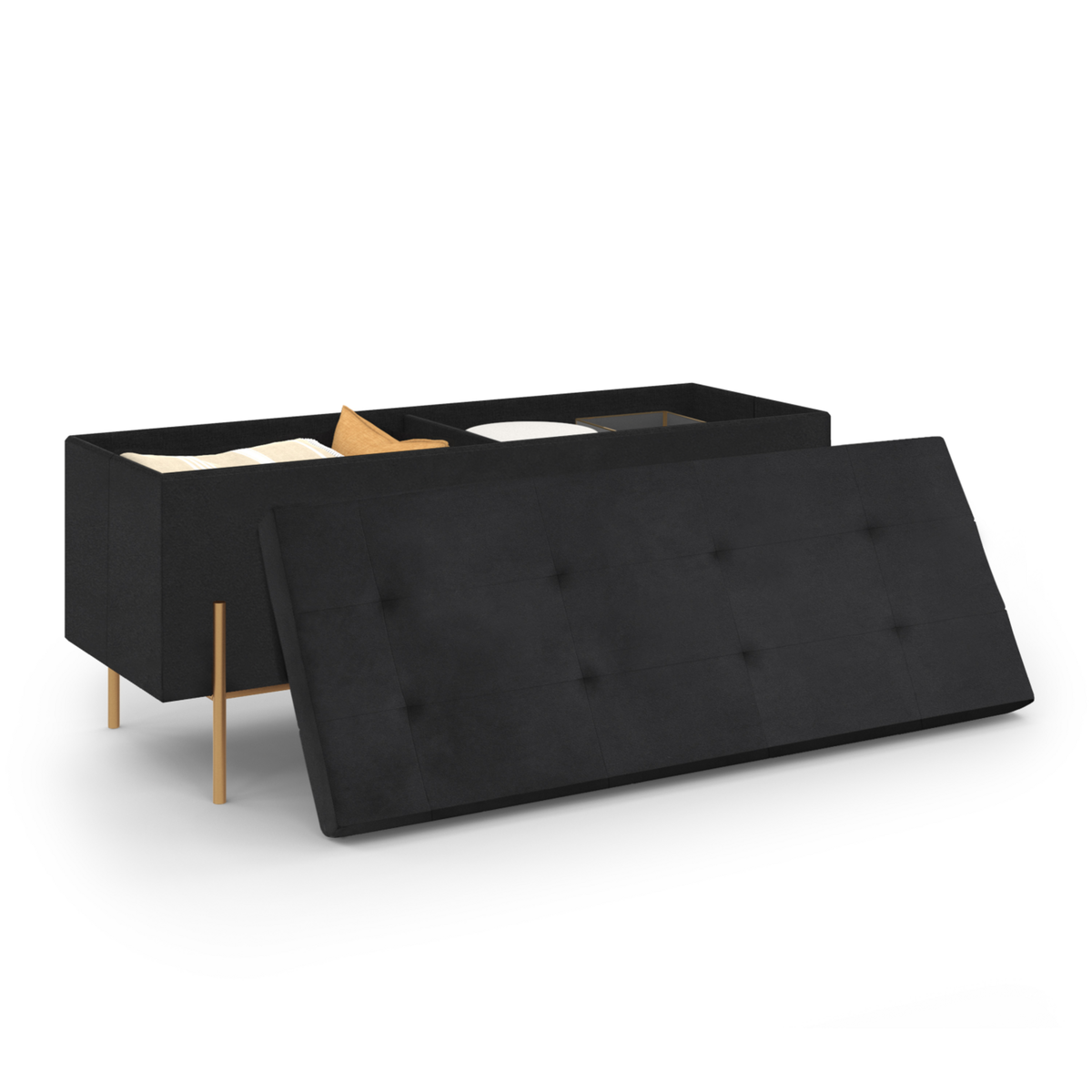 ID MARKET Banc coffre rangement LOUIS avec pieds métal doré 100 cm velours noir