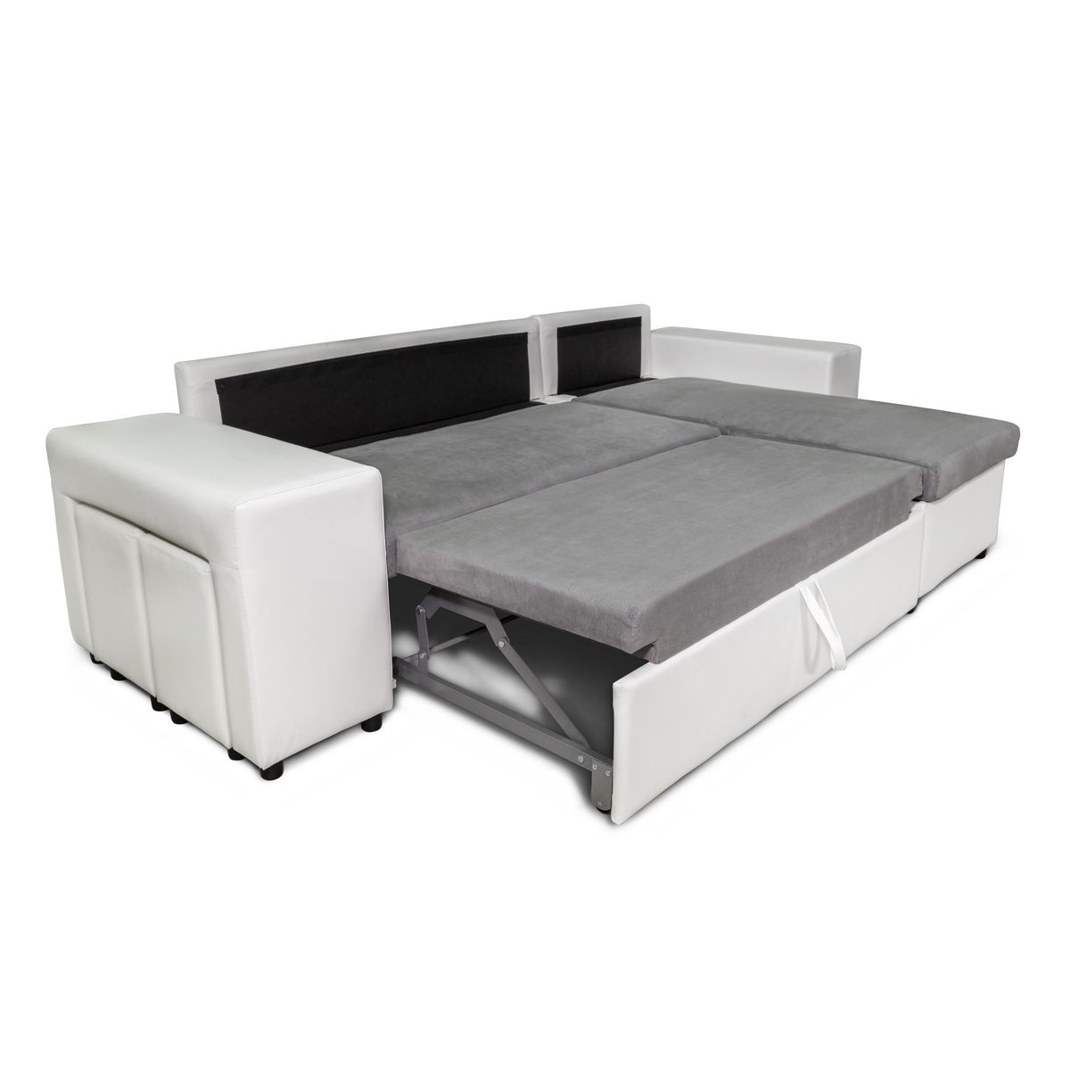 Canapé d'angle convertible avec coffre 3 places + 2 poufs à gauche et étagère à droite  MACHA