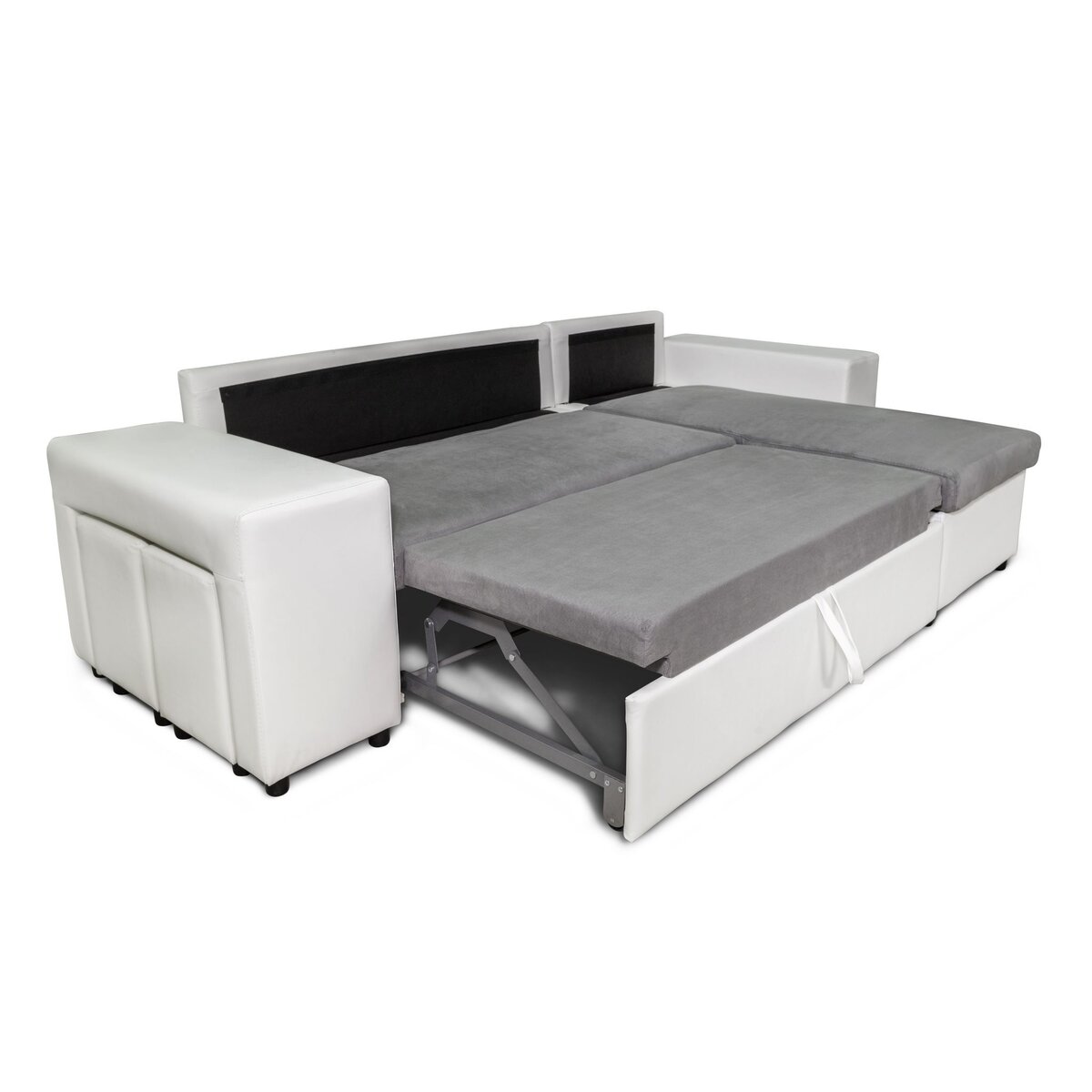 Canapé d'angle convertible avec coffre 3 places + 2 poufs à gauche et étagère à droite  MACHA