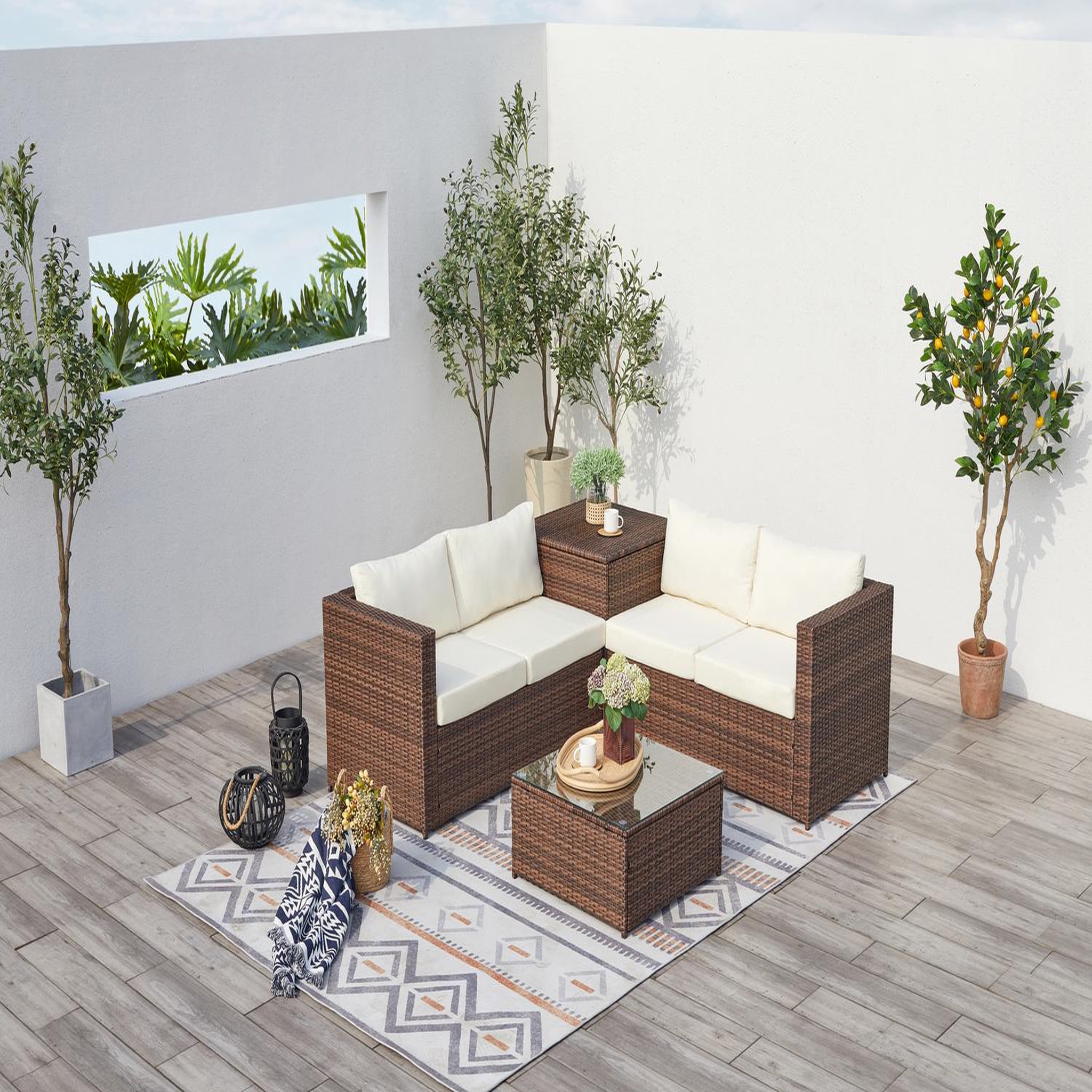 Voir la diapositive 2 : CONCEPT USINE Salon de jardin en résine tressée 4 places avec coffre intégré marron et blanc silang
