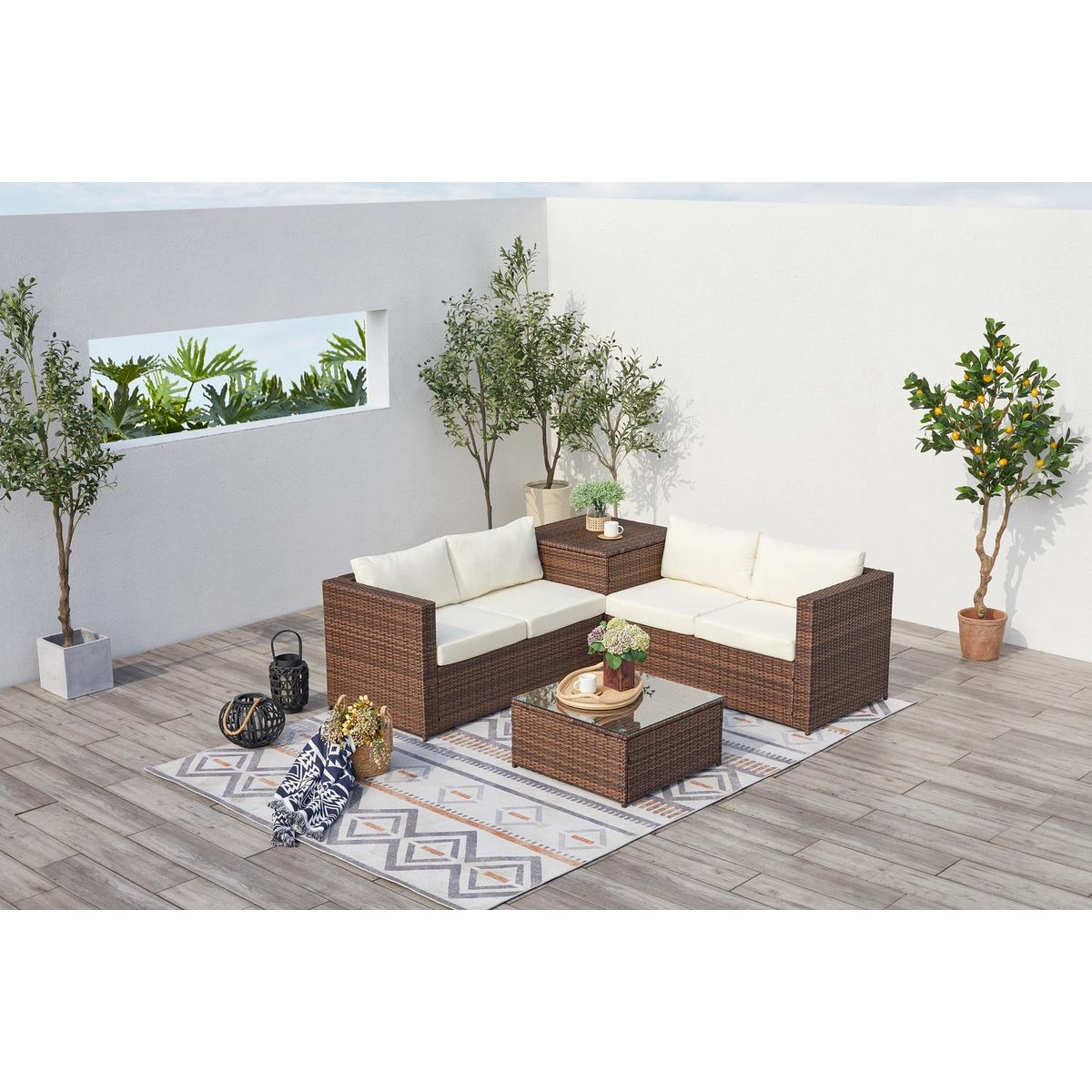 CONCEPT USINE Salon de jardin en résine tressée 4 places avec coffre intégré marron et blanc SILANG