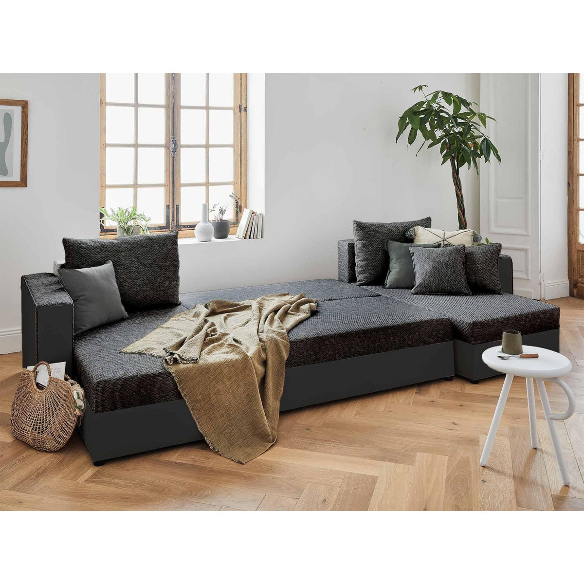 BEST MOBILIER Opale - canapé panoramique en u - 7 places - convertible - avec coffre - en tissu et simili
