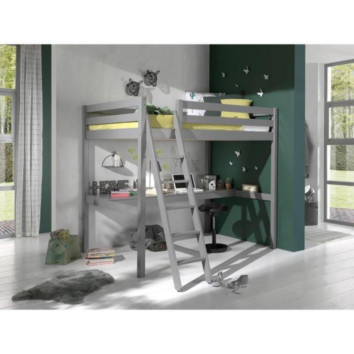 Paris Prix Lit Mezzanine Enfant & Plan de Travail  Pino  140x200cm Gris