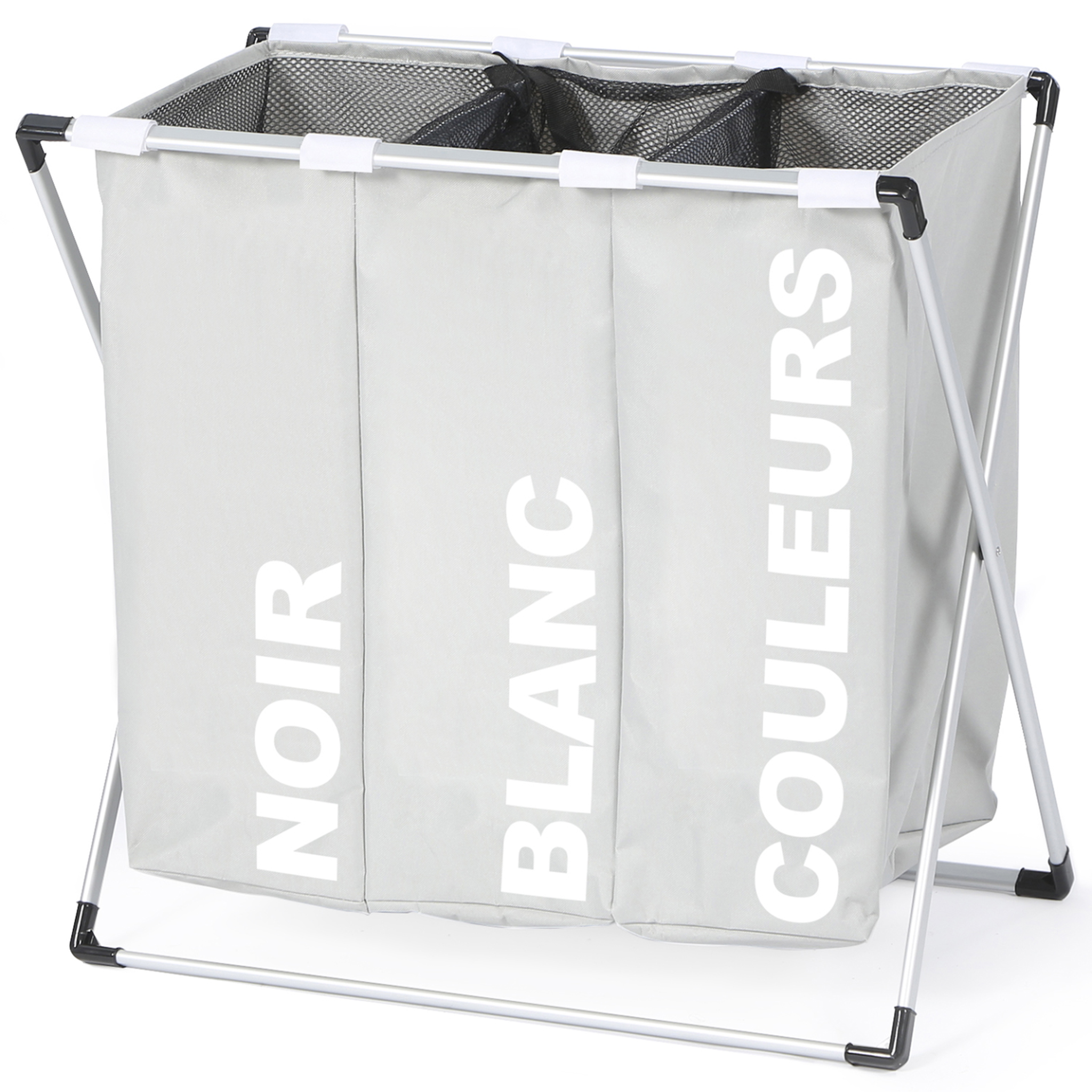 ID MARKET Panier à linge 3 compartiments pliable gris