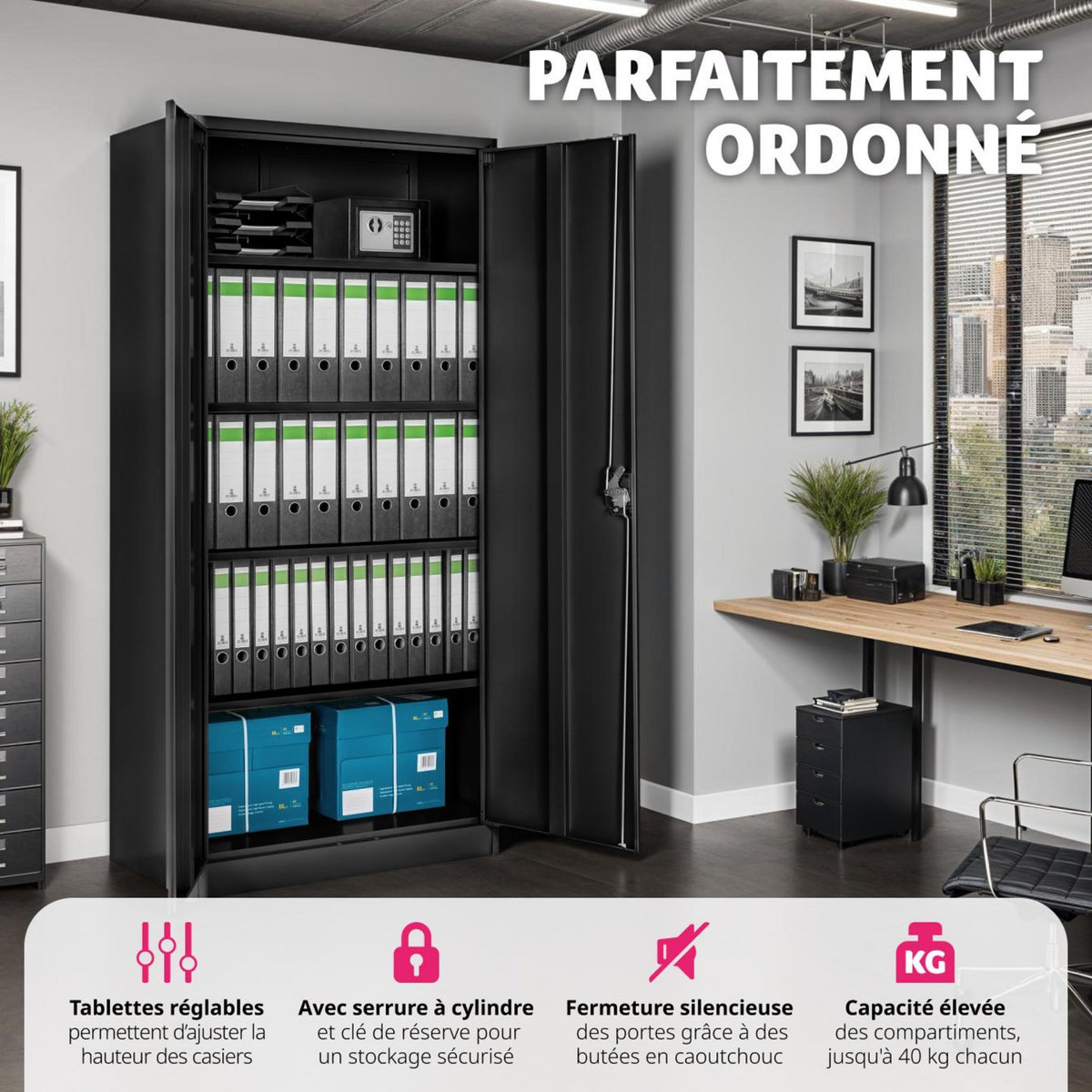 tectake Armoire de classement en métal en Acier lâqué époxy noir