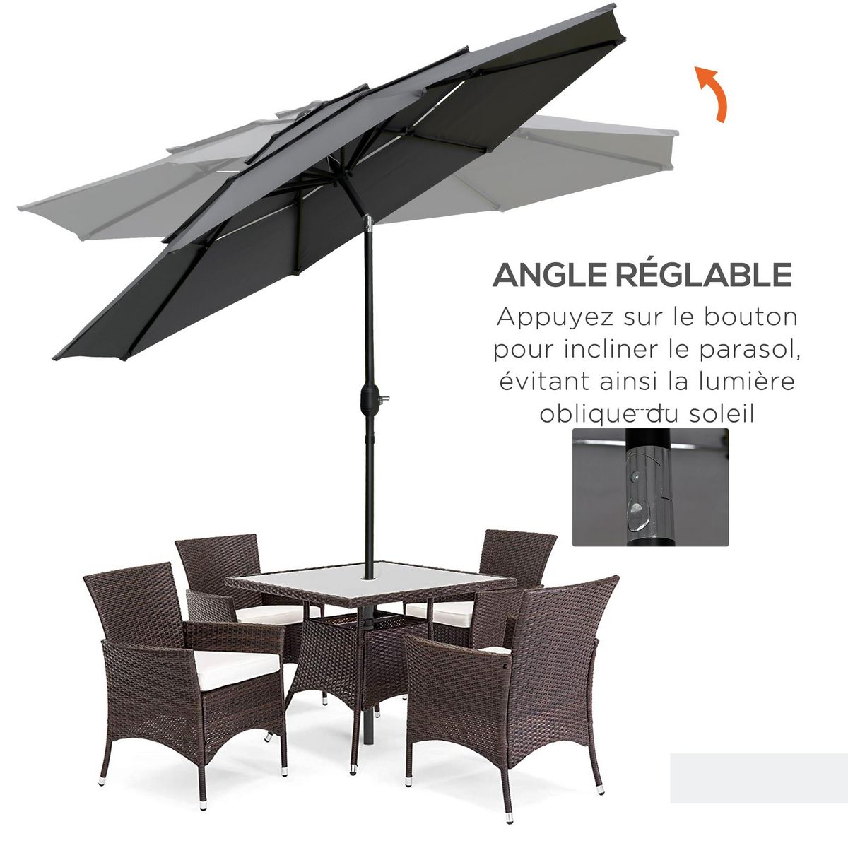 OUTSUNNY Parasol de jardin inclinable rond dia. 2,85 x 2,5 m manivelle cheminées d'aération toile haute densité 180 g/m² gris