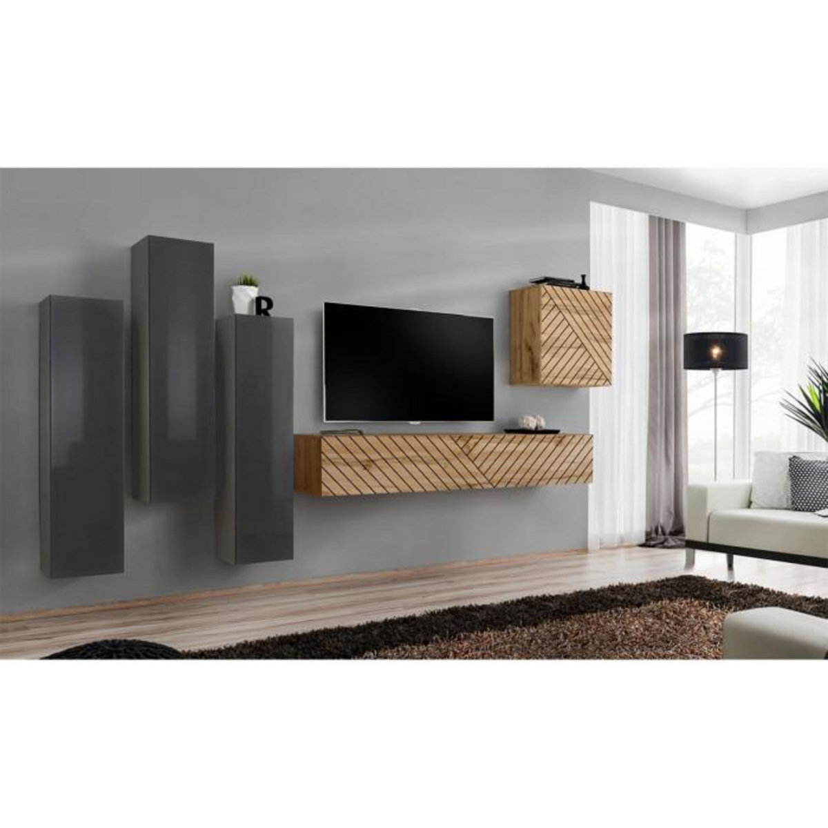Paris Prix Ensemble Meuble TV  Switch Lamel III  330cm Naturel & Gris