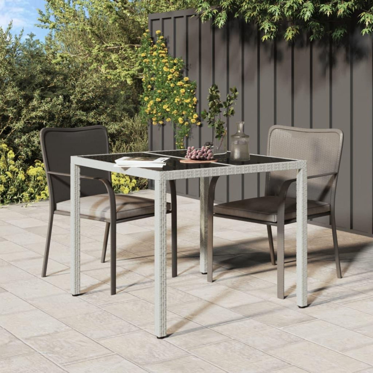 VIDAXL Table de jardin 90x90x75cm Verre trempe et resine tressee Blanc