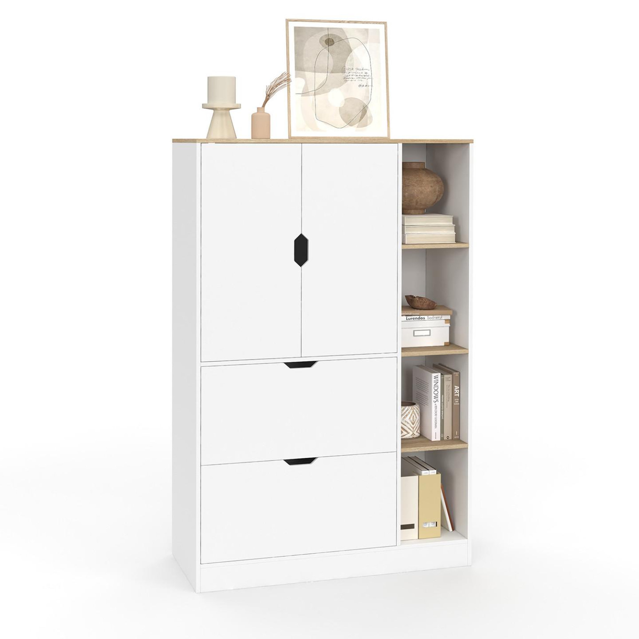 ID MARKET Meuble de rangement l. 80 cm nouk pour bureau, chambre, entrée avec 3 portes et 2 tiroirs blanc et bois