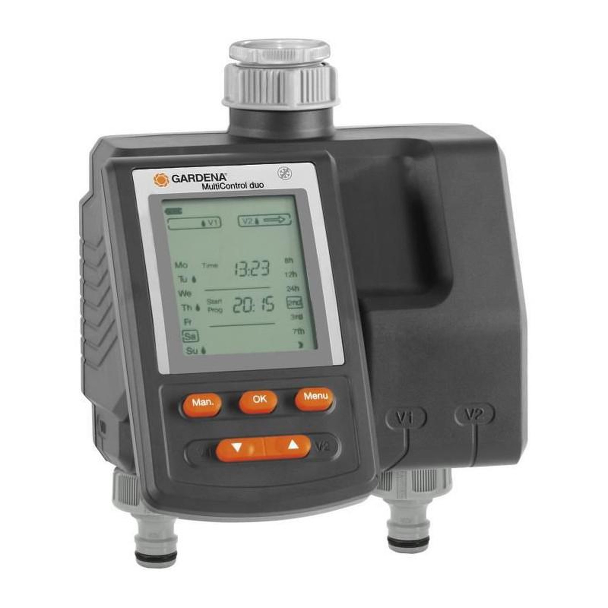 Gardena GARDENA Programmateur darrosage MutiControl Duo - Ecran LCD - Pile 9V non fournie - Pression max 12 bar - Resistant eau - 1874-2