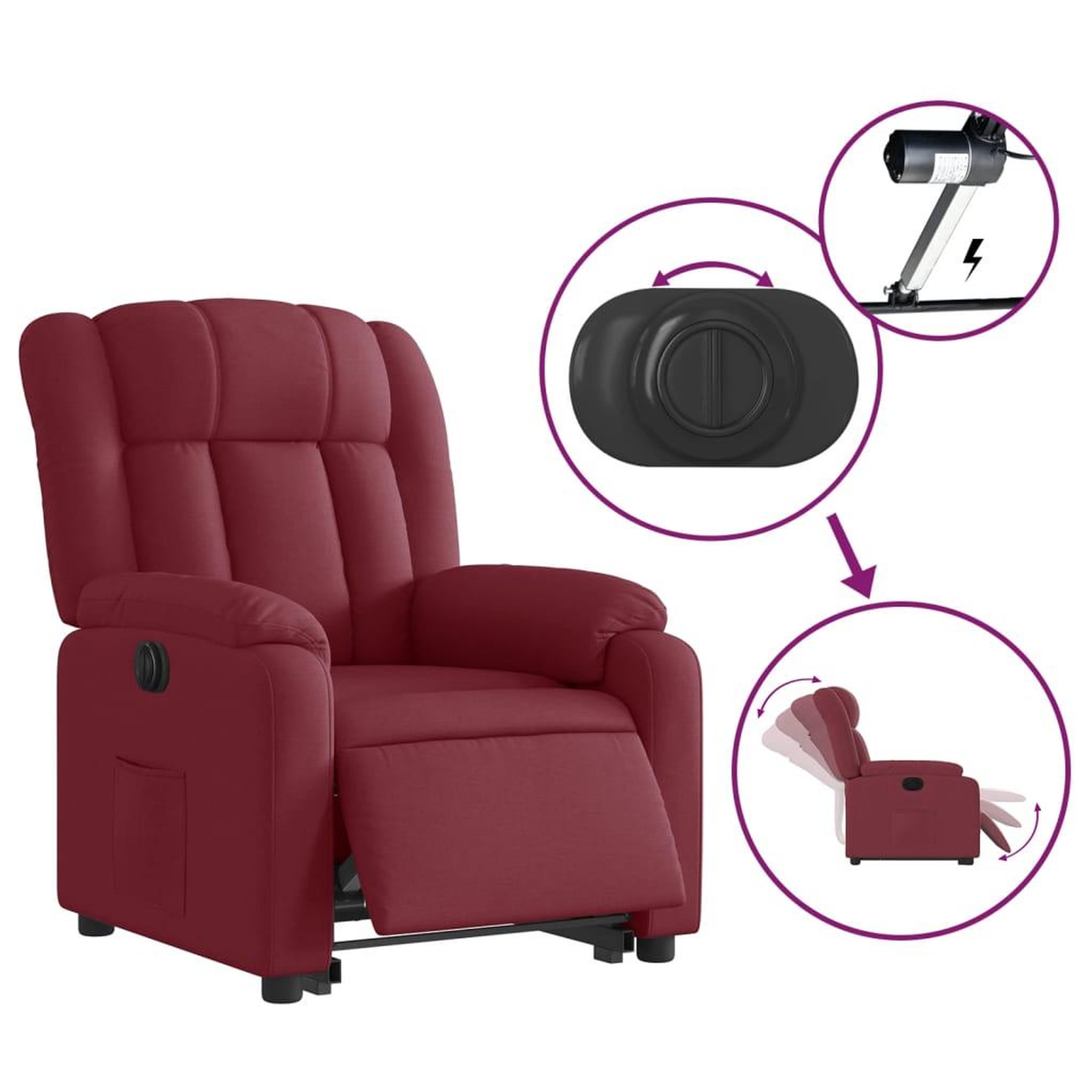 Voir la diapositive 5 : VIDAXL Fauteuil inclinable electrique rouge bordeaux tissu