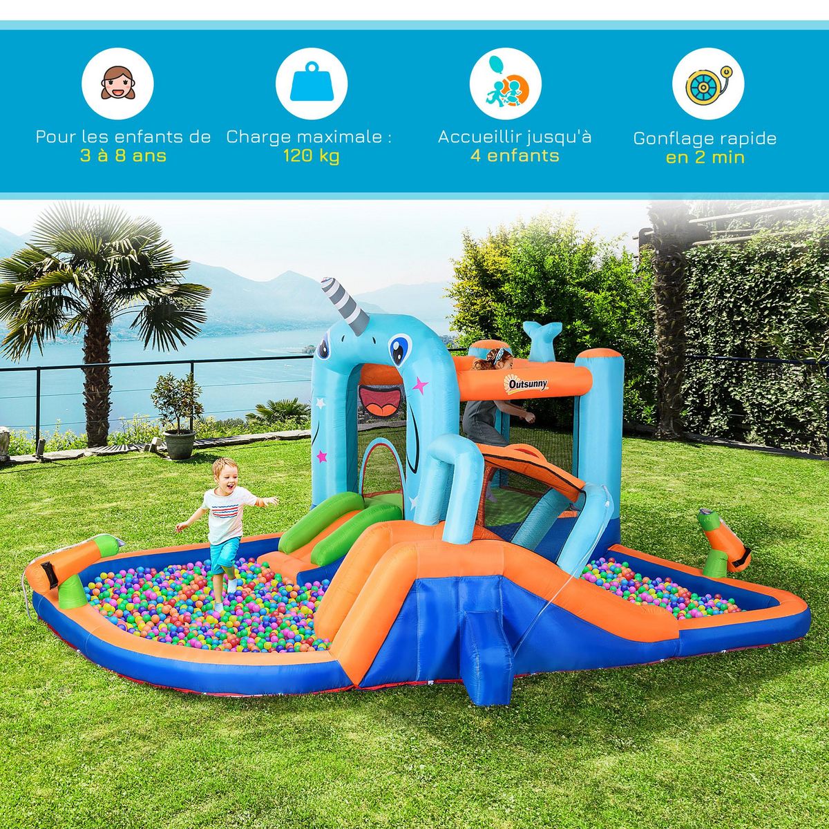 OUTSUNNY Château gonflable enfant - trampoline, toboggans, piscine, mur d'escalade, panier, pistolets eau, gonfleur, sac transport - polyester multicolore