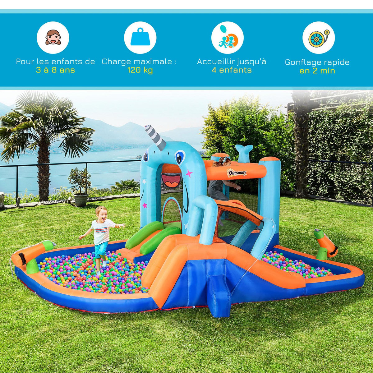 OUTSUNNY Château gonflable enfant - trampoline, toboggans, piscine, mur d'escalade, panier, pistolets eau, gonfleur, sac transport - polyester multicolore
