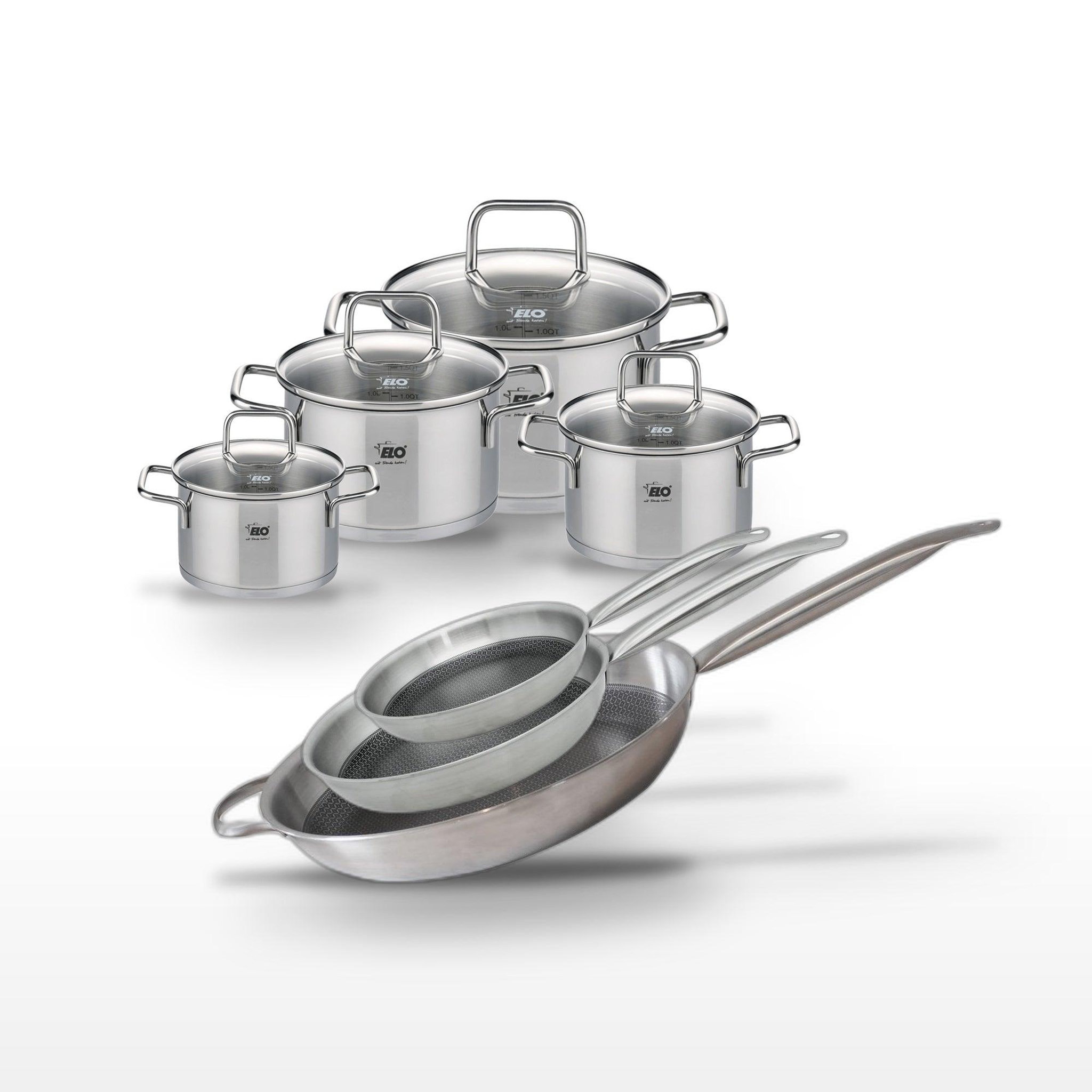 ELO Batterie de cuisine avec 3 poêles 24/28/32 cm et 4 faitouts 12/14/16/20 cm sans pfas elo collection relief solution citrin