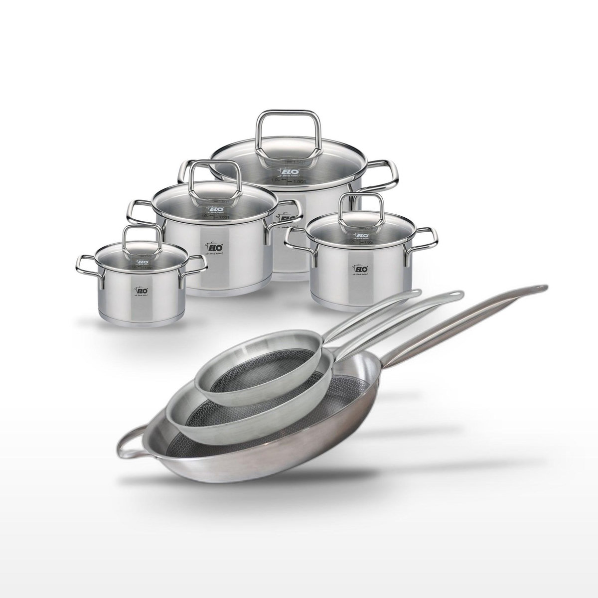 ELO Lot de 3 Poêles 32/28/24 cm et 4 Faitouts Elo Relief Solution