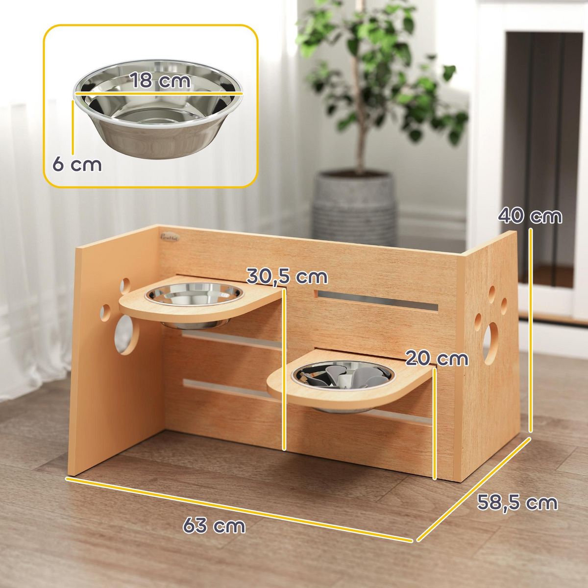 PAWHUT Porte-gamelles modulable réglable écuelles incluses idéal pour 2 chiens aspect bois acier inox