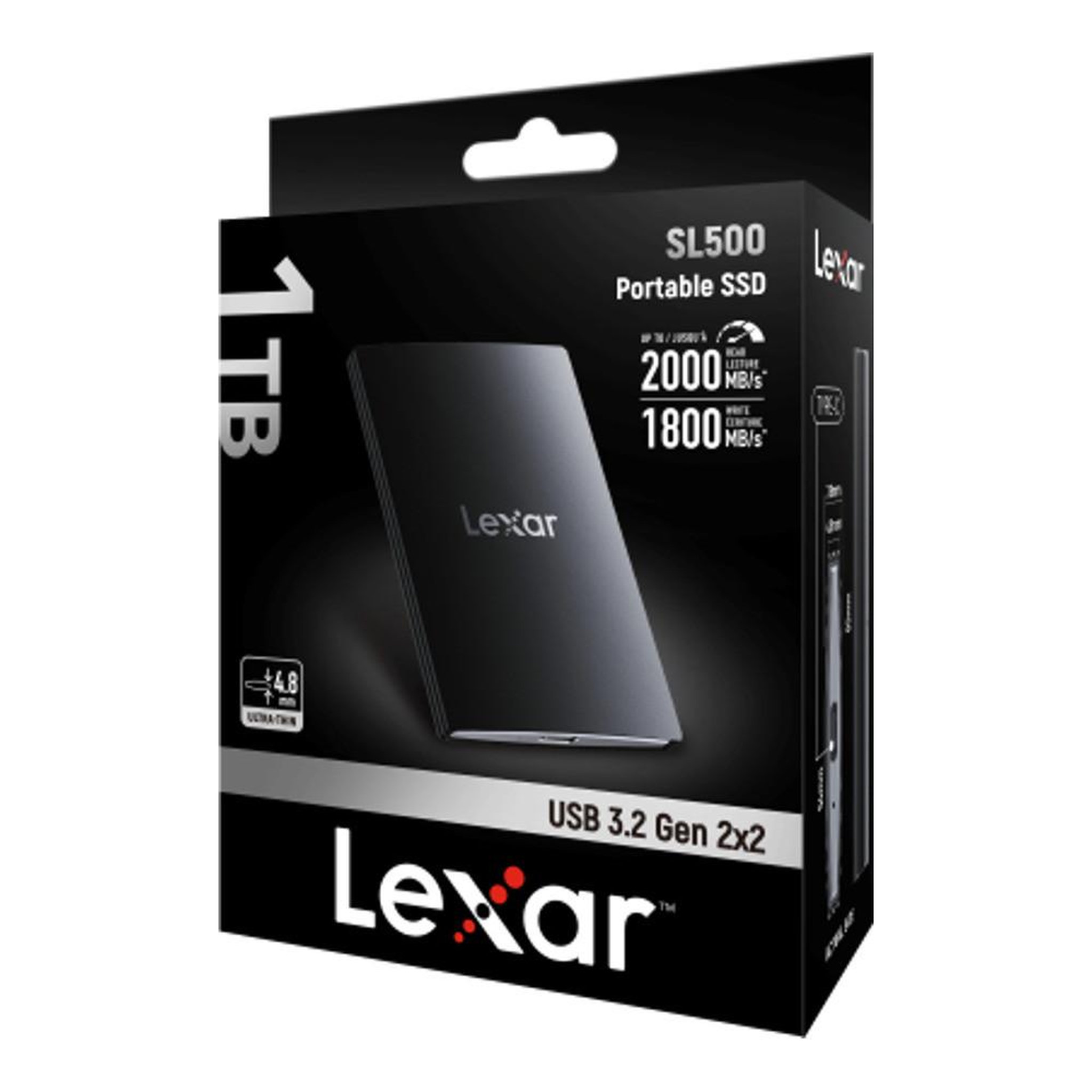 Lexar SSD portable Lexar SL500 1 To noir USB 3.2 Gen 2x2, boîtier aluminium, chiffrement AES 256