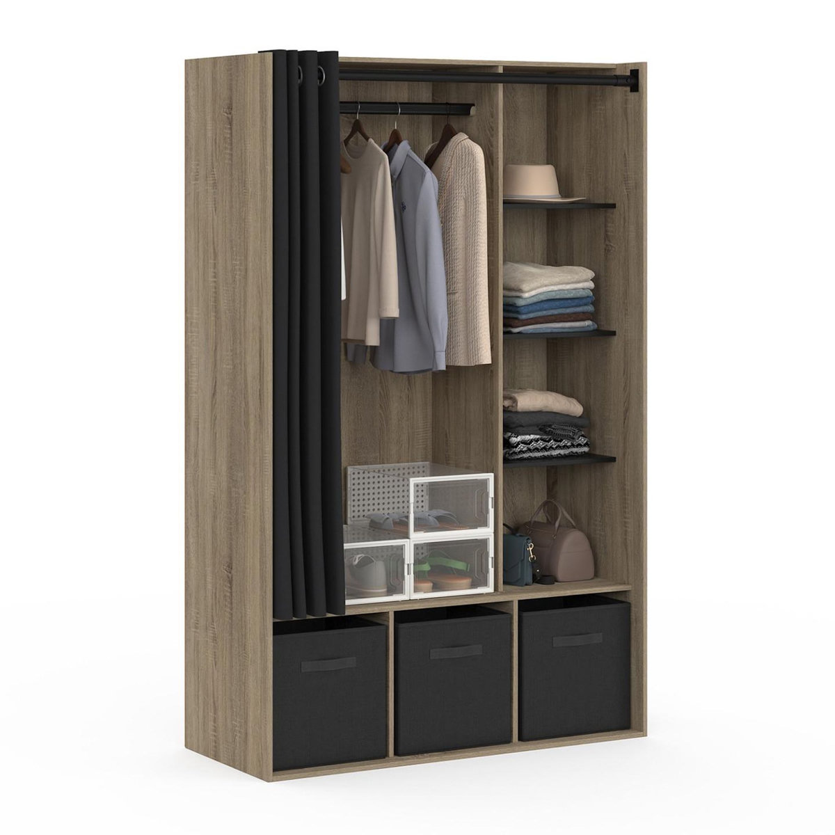 ID MARKET Dressing penderie DIANE 105 x 45 x 167 cm hêtre avec étagères + boites de rangement + rideau noir