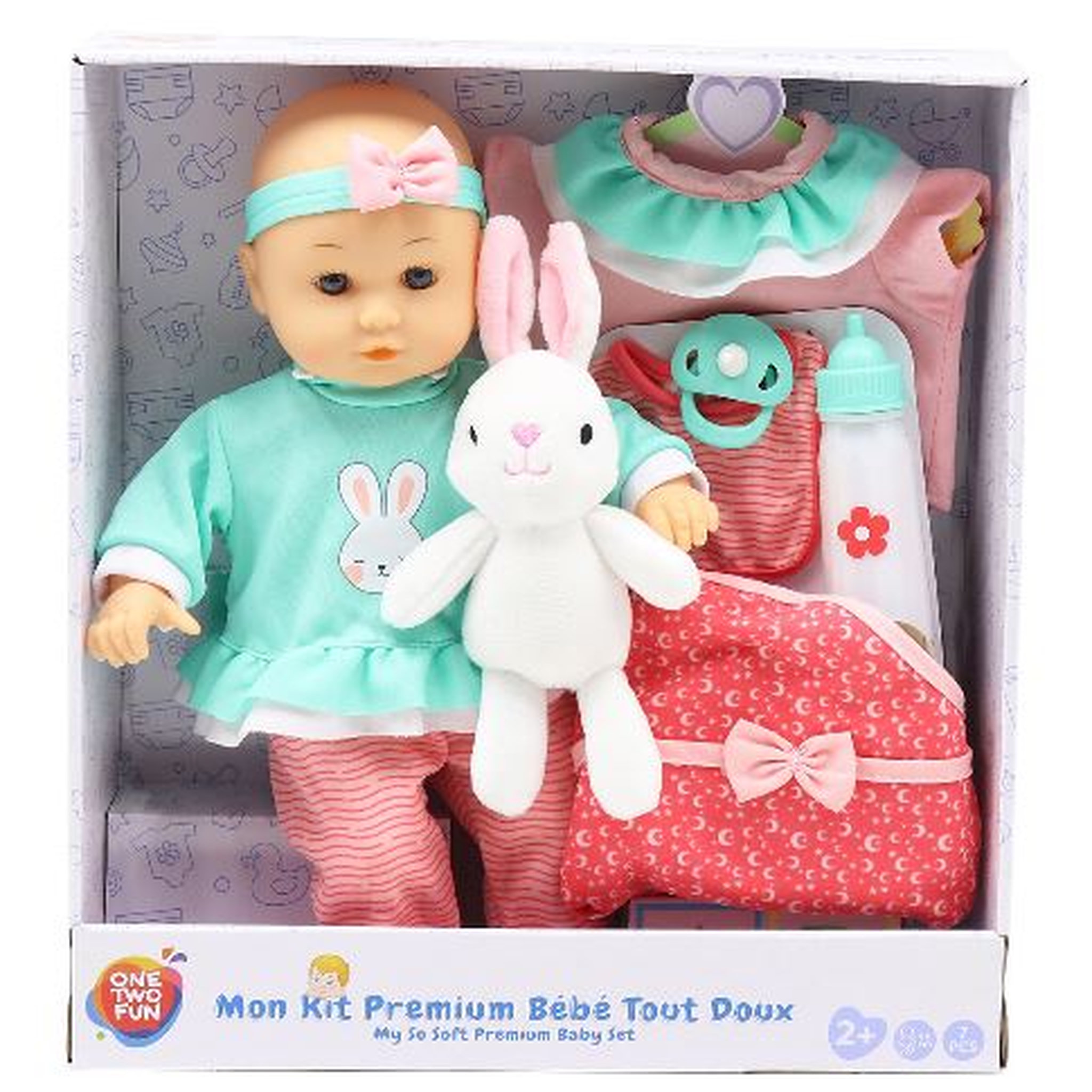 Voir la diapositive 2 : One Two Fun Mon kit premium bébé tout doux avec poupon 35 cm et sa peluche lapin + accessoires