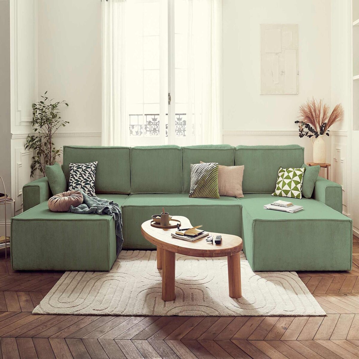 BEST MOBILIER Dellia - canapé panoramique en u - 7 places - convertible - avec coffre - en velours côtelé