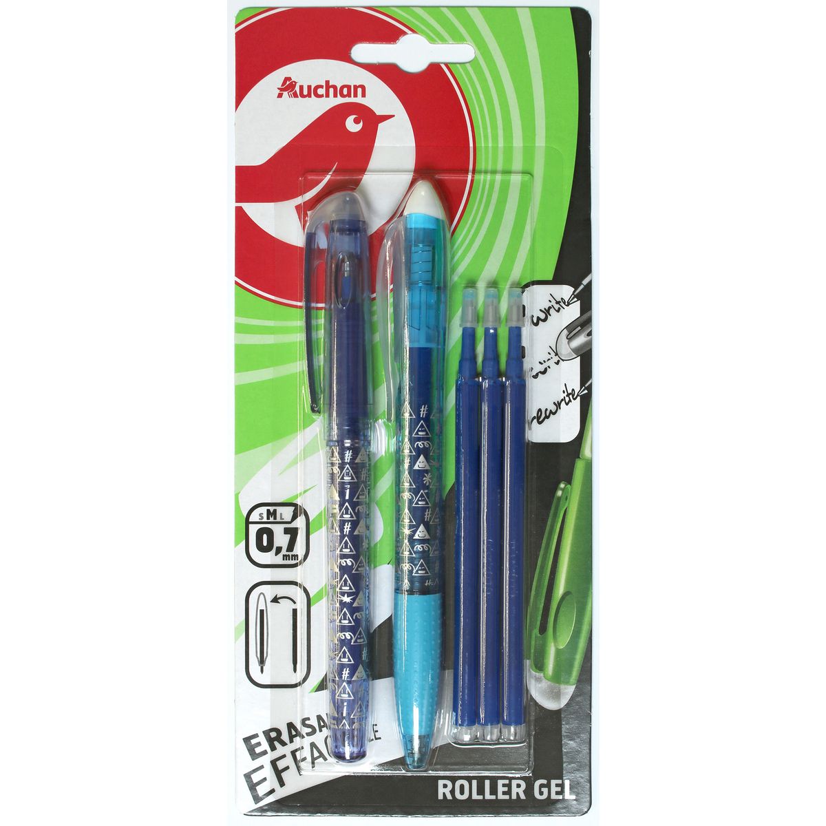 AUCHAN  Lot de 2 stylos billes effaçables encre bleue dont 1 retractable + 3 recharges bleues